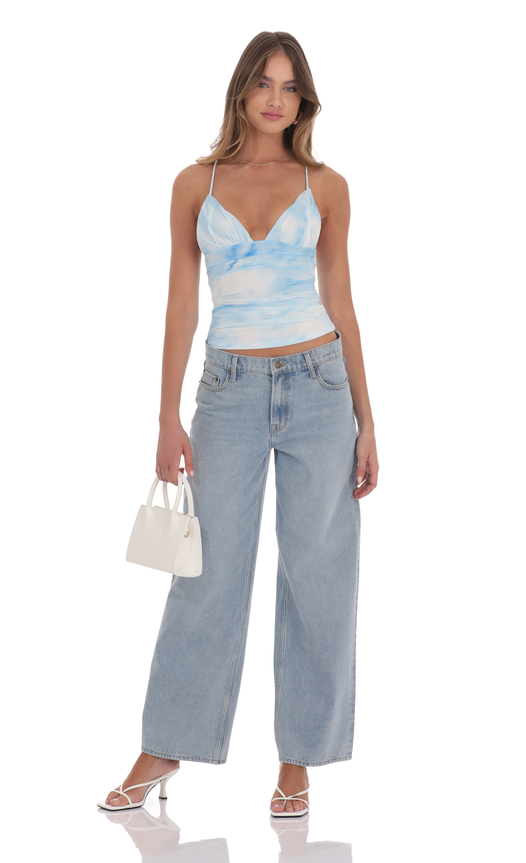 Swirl Mesh V-Neck Top in Blue-My Sky Diva