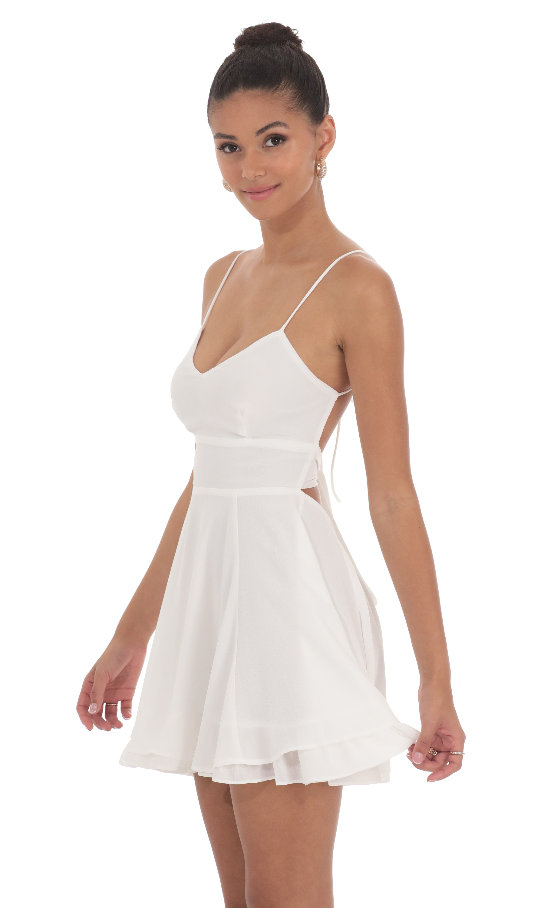 Chiffon V-Neck Fit and Flare Dress in White-My Sky Diva