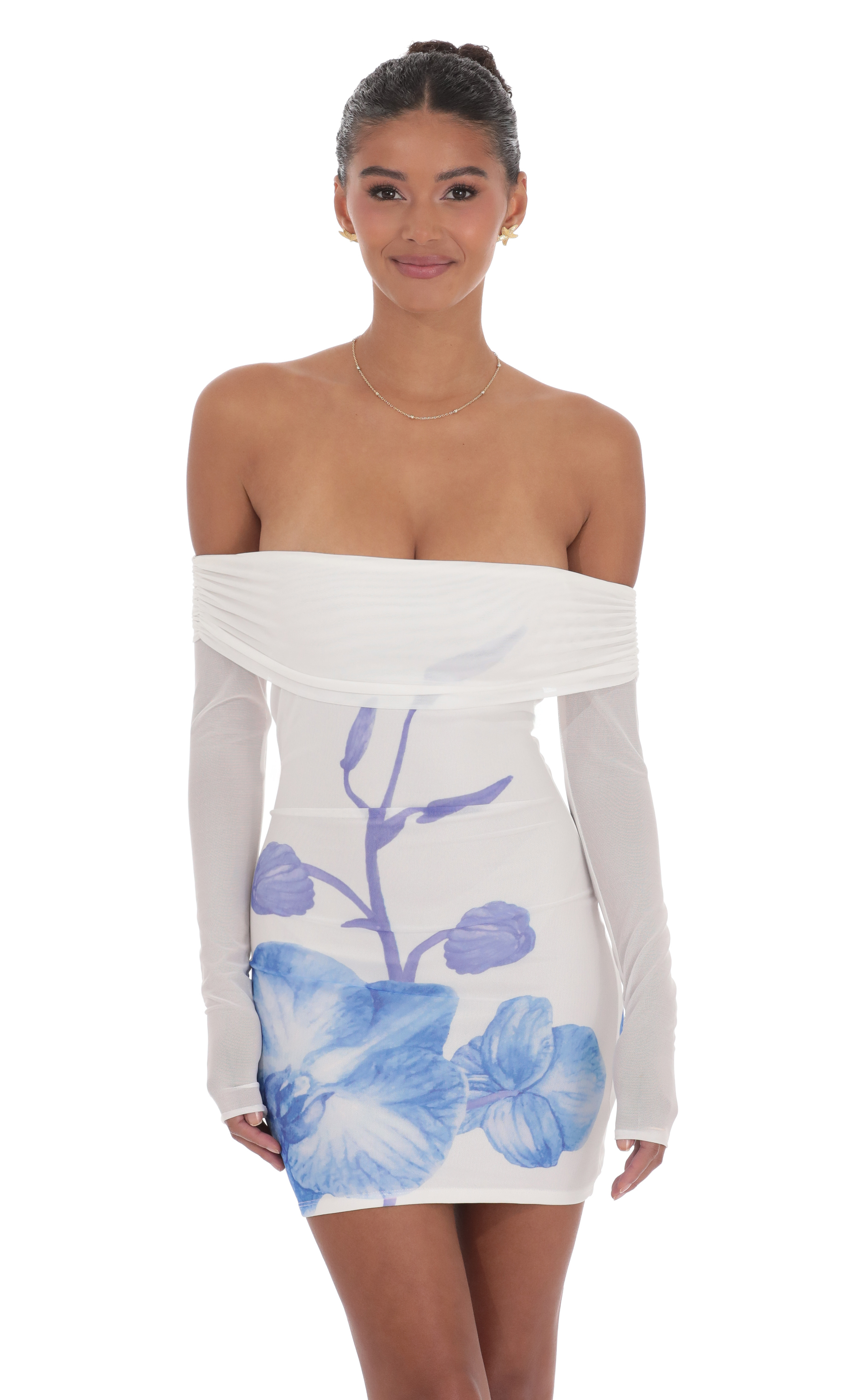 Floral Mesh Off Shoulder Dress in White-My Sky Diva
