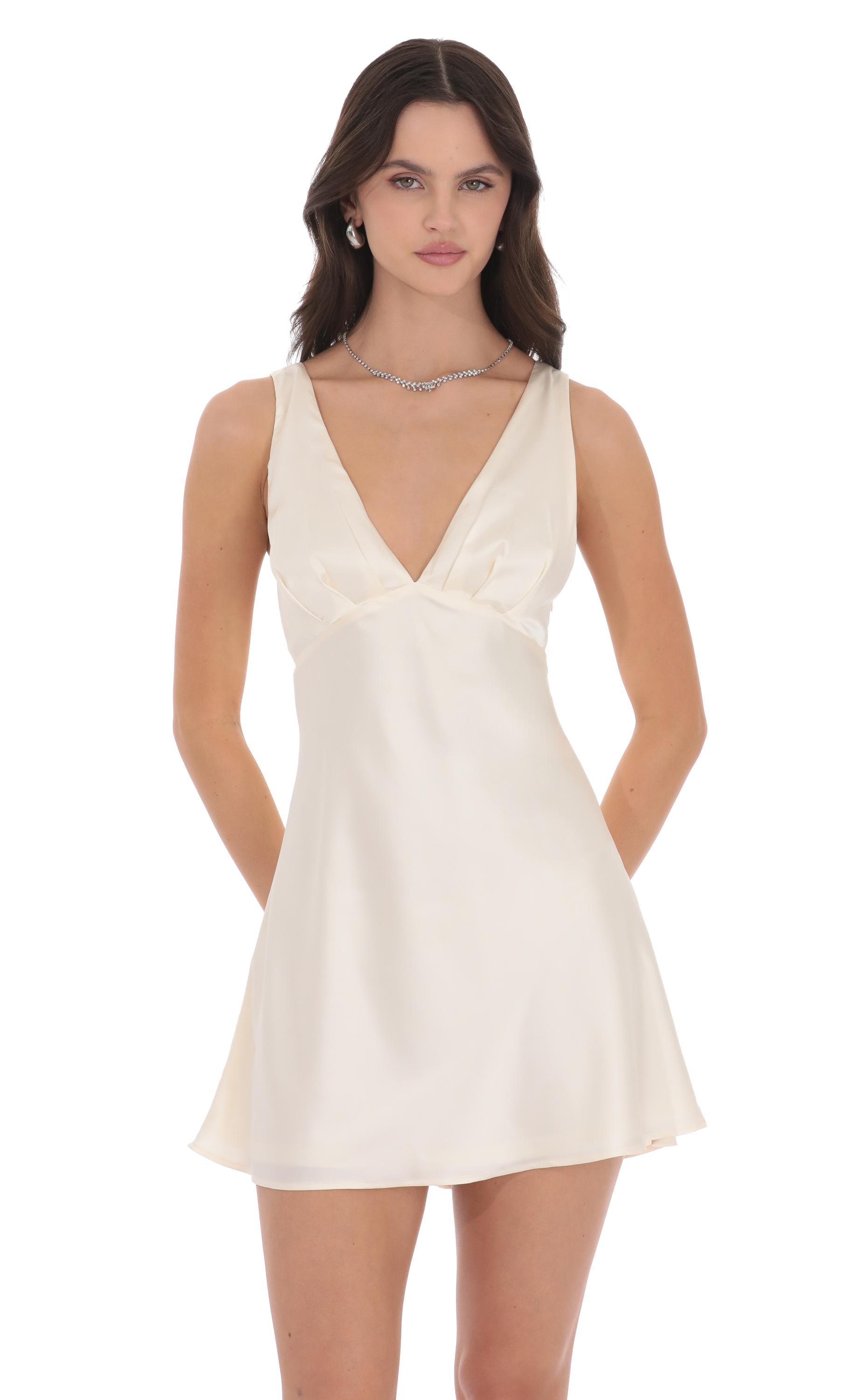 Satin V-Neck Open back Dress in Cream-My Sky Diva