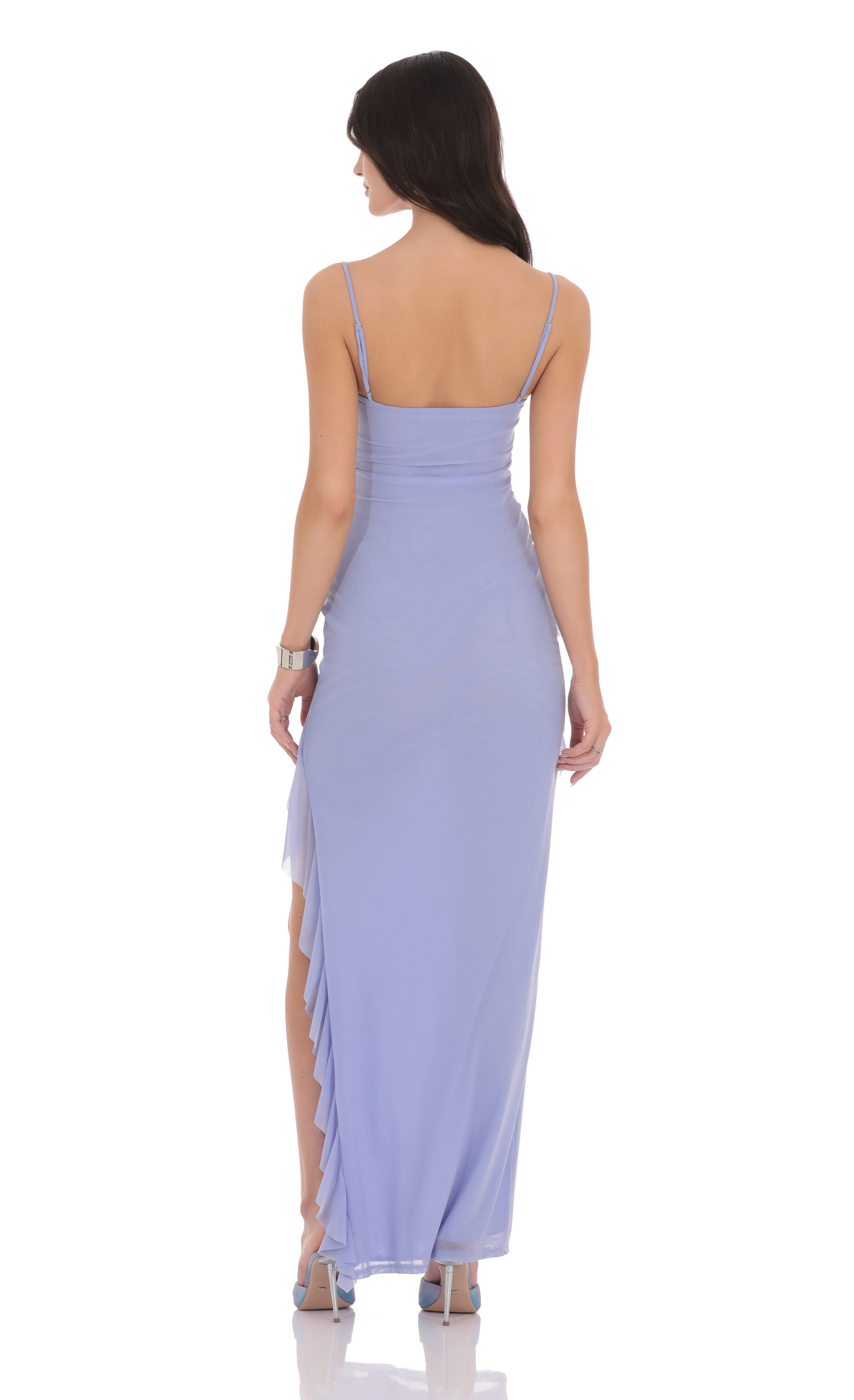 Ruffle Mesh Square Neck Maxi Dress in Periwinkle-My Sky Diva