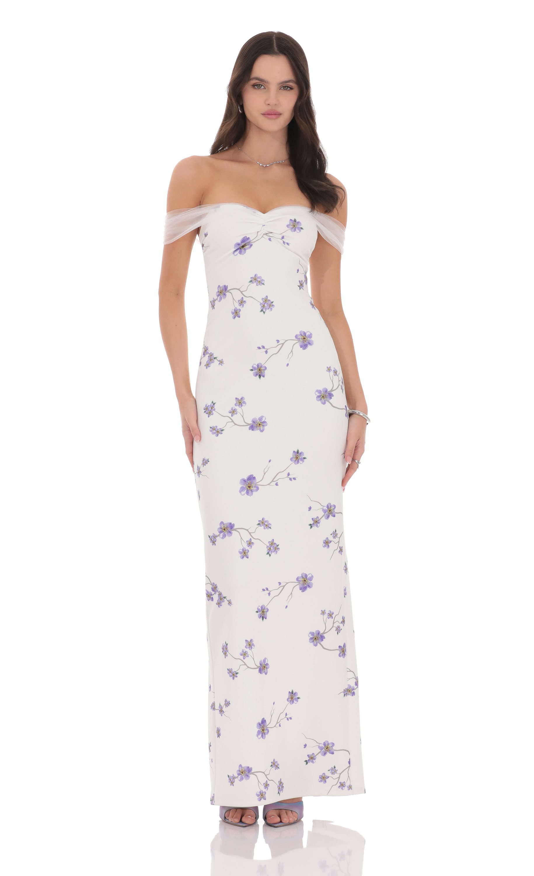 Tulle Off Shoulder Floral Maxi Dress in White-My Sky Diva