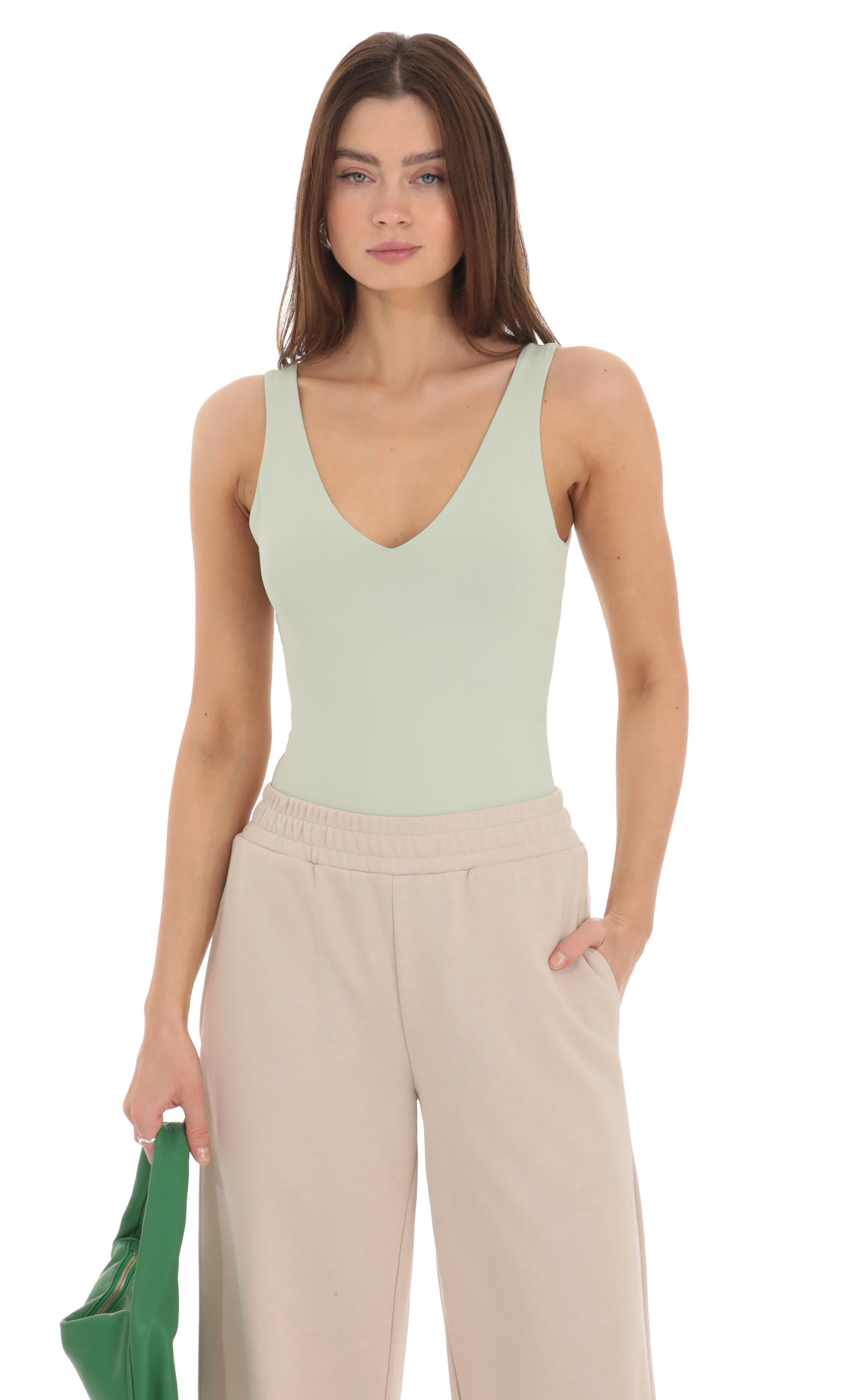 V-Neck Bodysuit in Pistachio-My Sky Diva