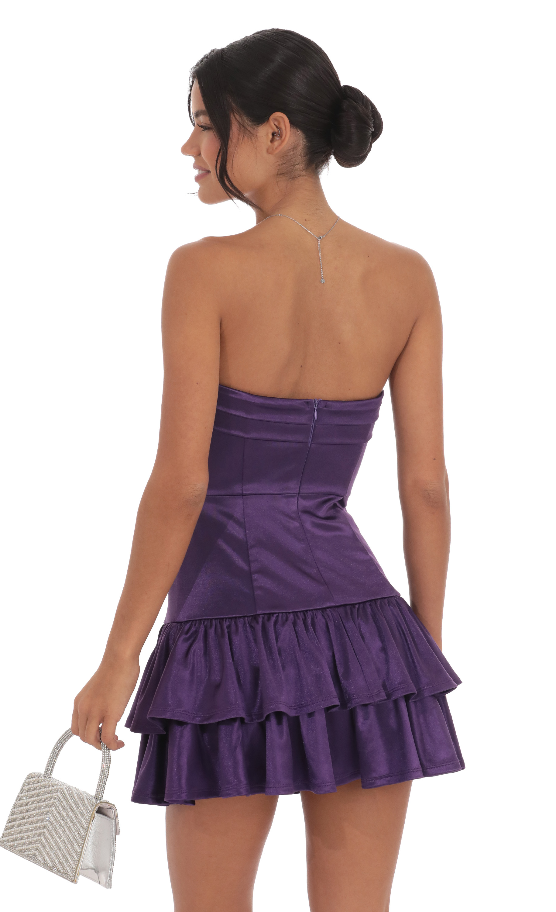 Satin Strapless Ruffle Dress in Purple-My Sky Diva