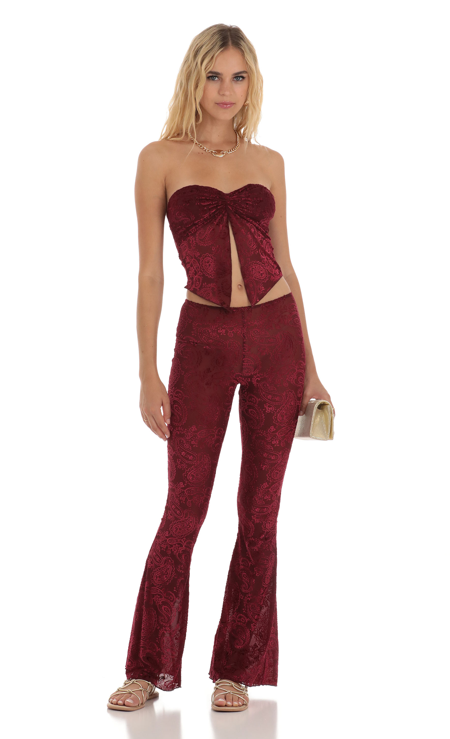 Velvet Mesh Two Piece Set in Maroon-My Sky Diva