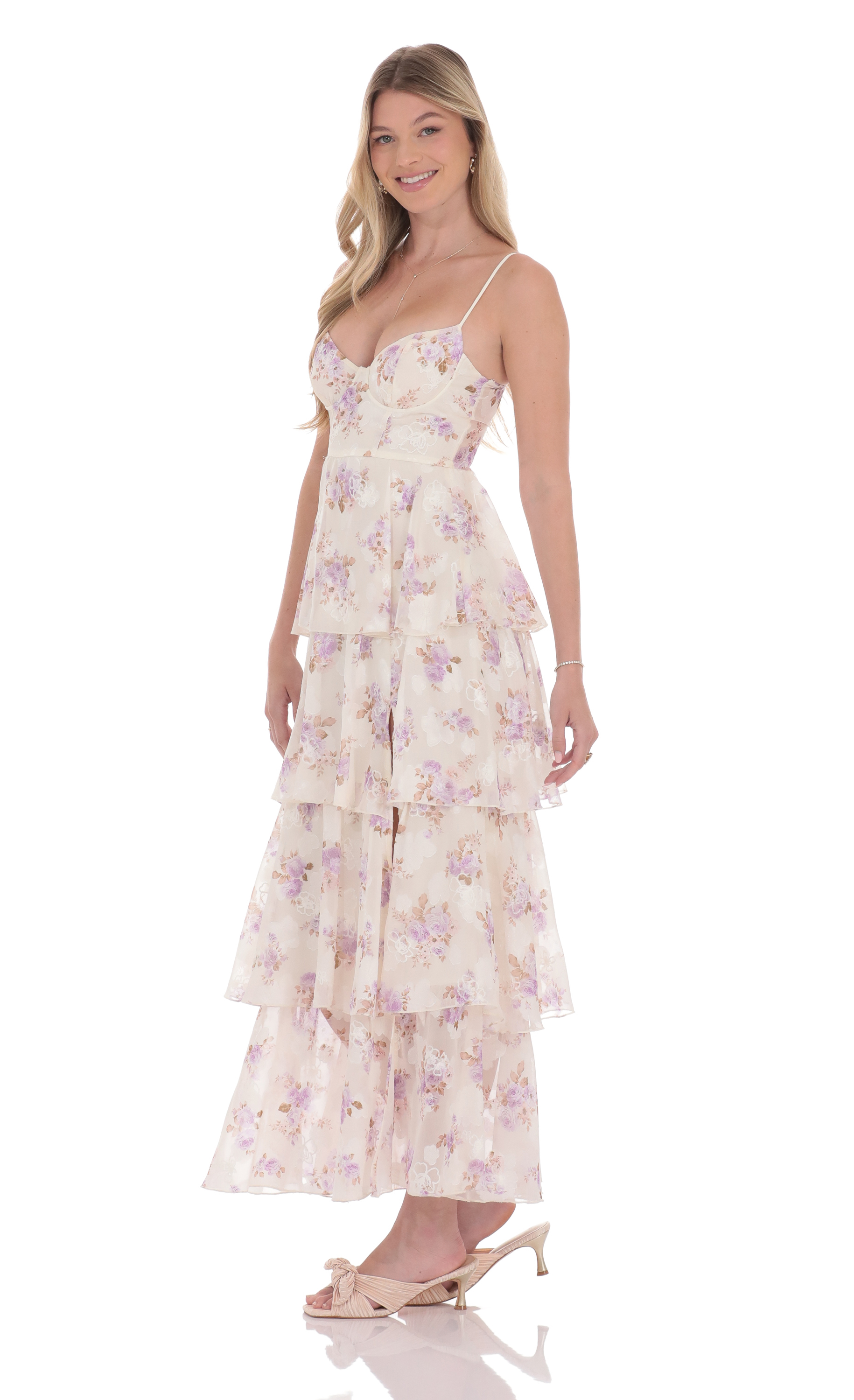 Floral Ruffle A-line Maxi Dress in Cream-My Sky Diva