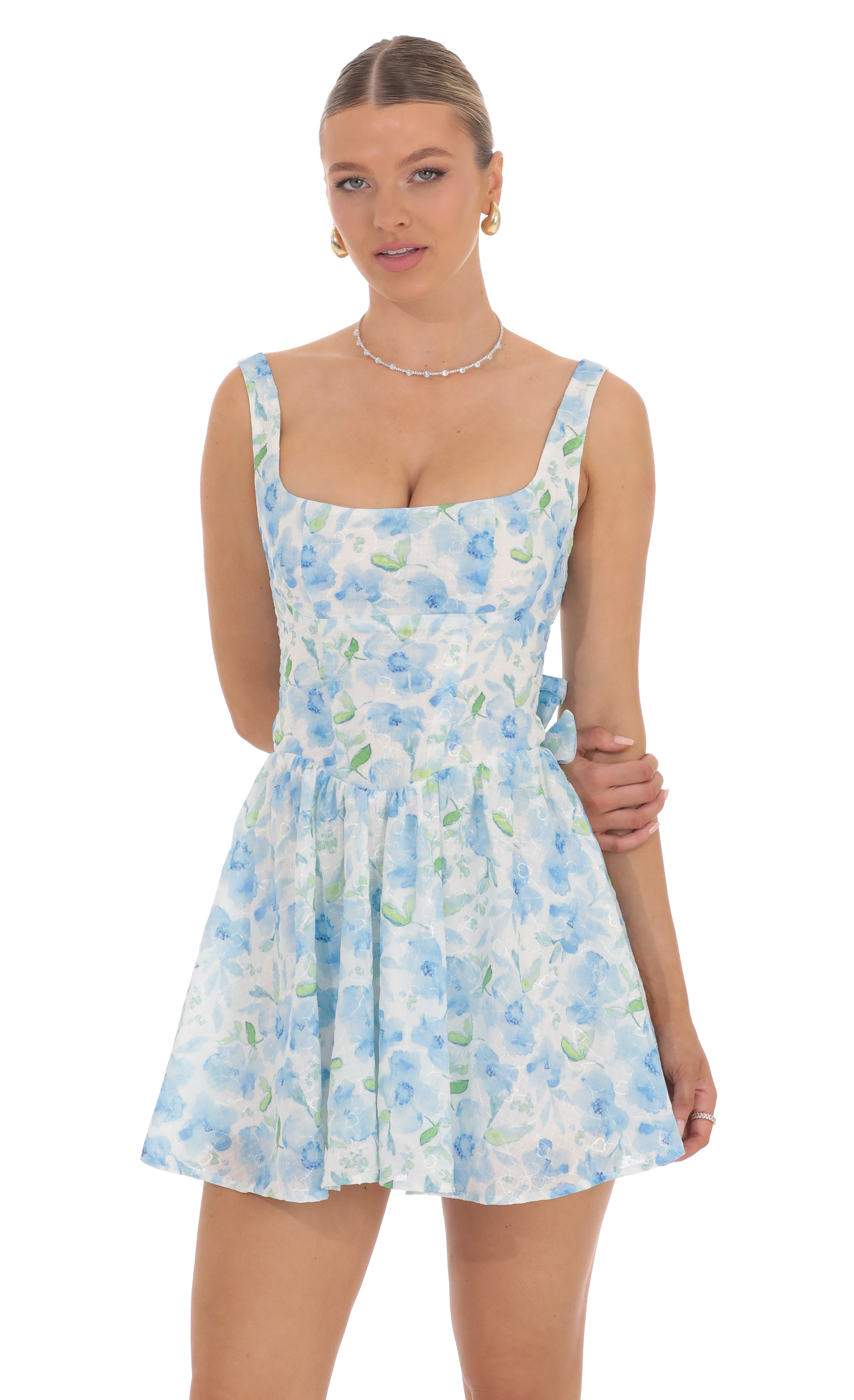 Floral Open Back Flare Dress in White and Blue-My Sky Diva