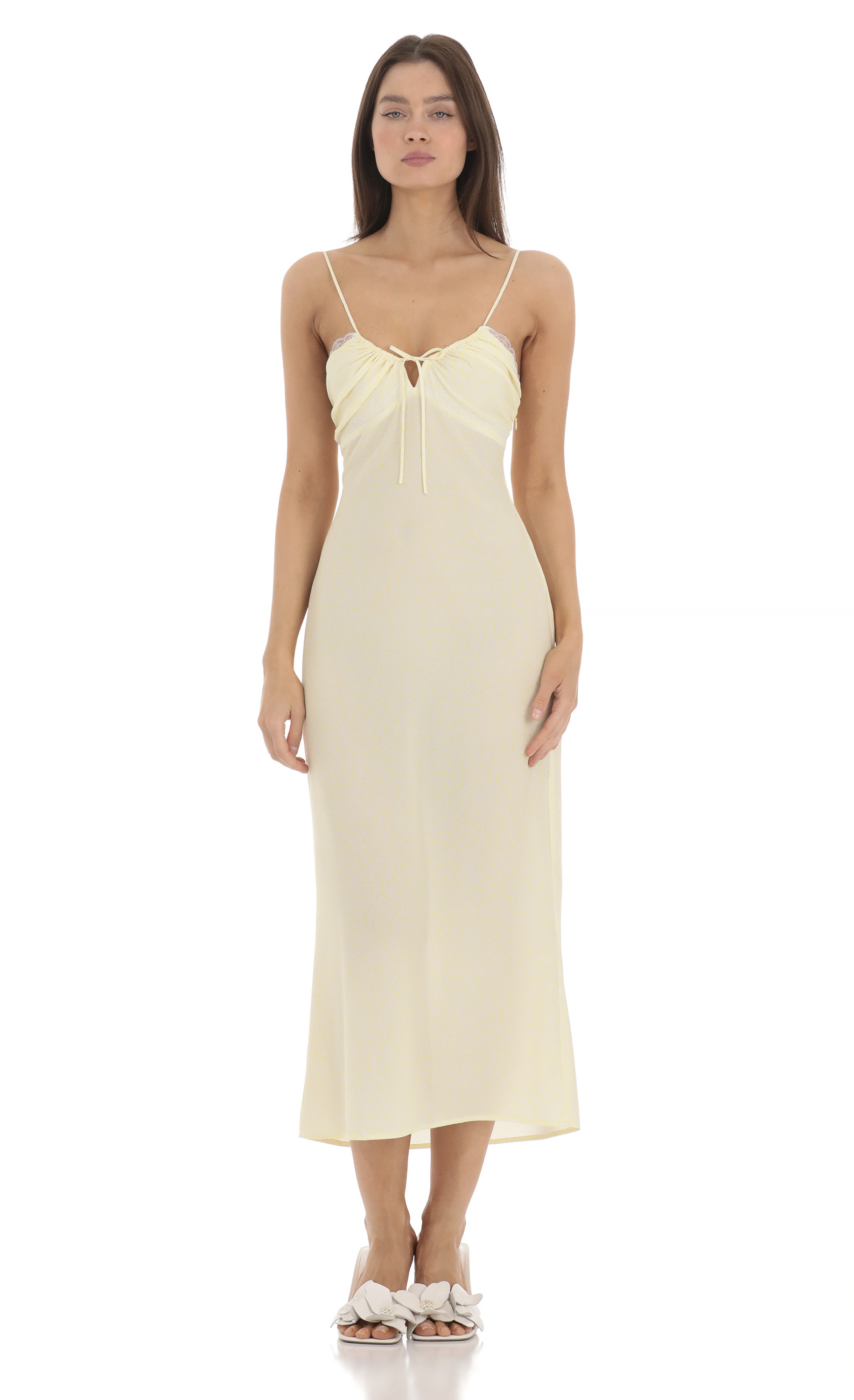 Lace Trim Front Tie Midi Dress in Yellow-My Sky Diva