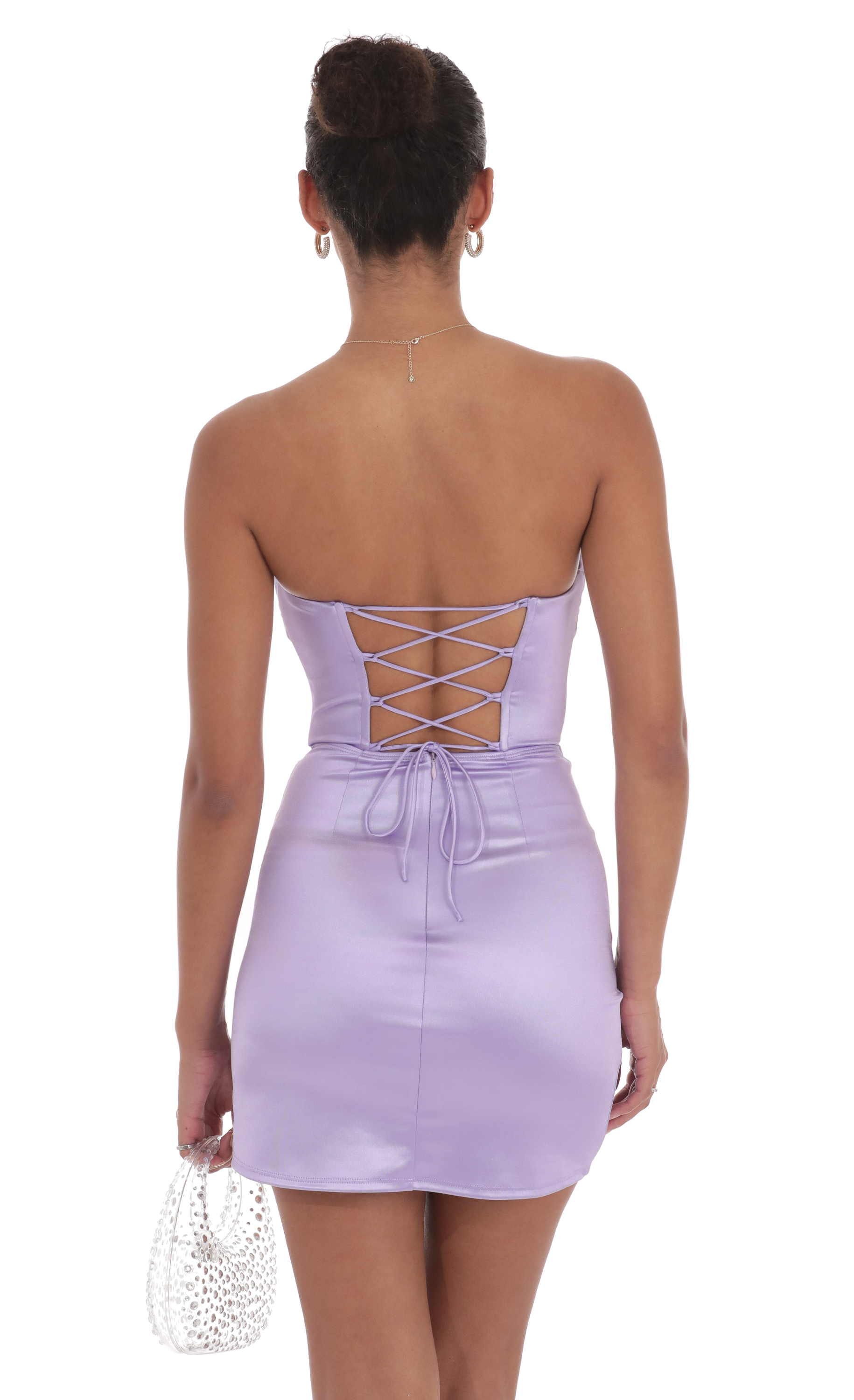 Strapless Satin Ruched Slit Dress in Lilac-My Sky Diva