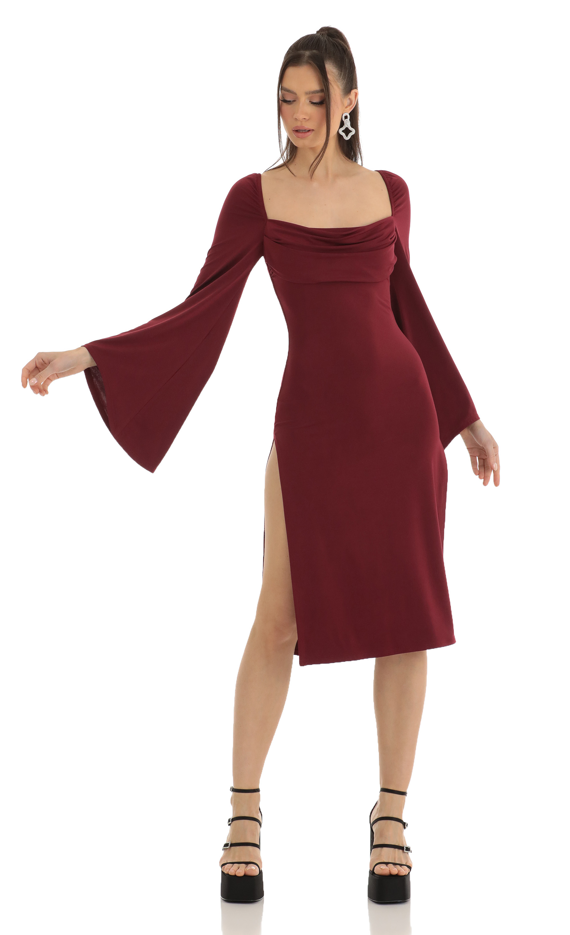 Flare Sleeve Midi Dress in Red-My Sky Diva