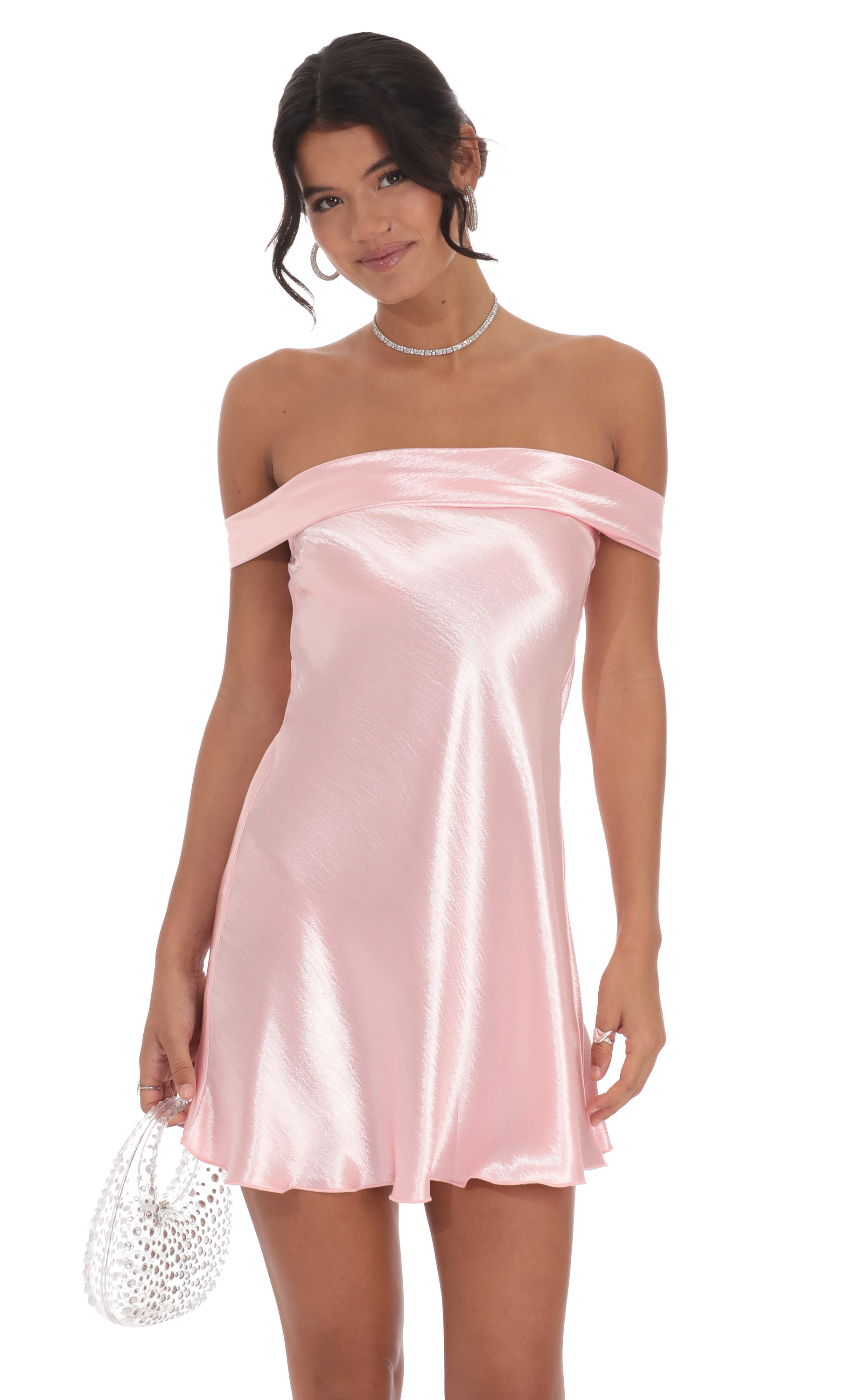 Satin Off Shoulder Dress in Pink-My Sky Diva