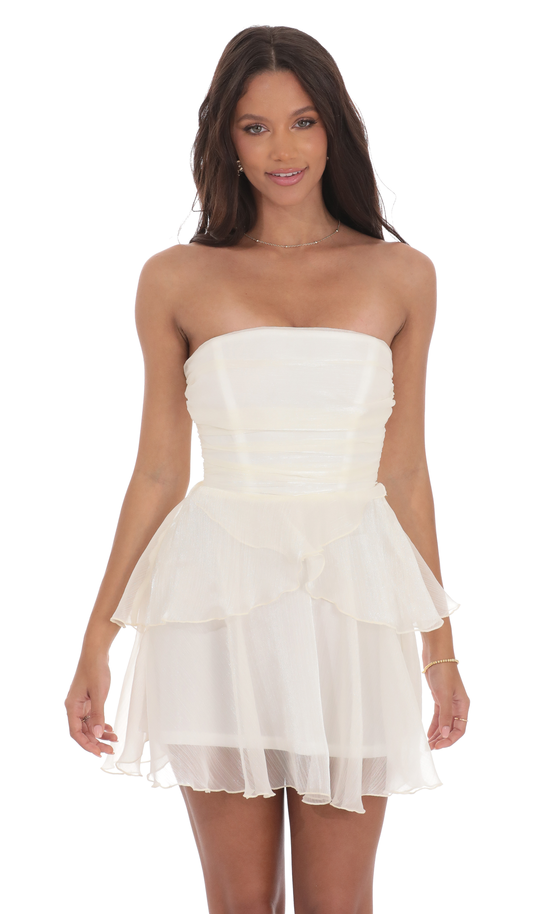 Shimmer Petal Ruffle Strapless Dress in Ivory-My Sky Diva