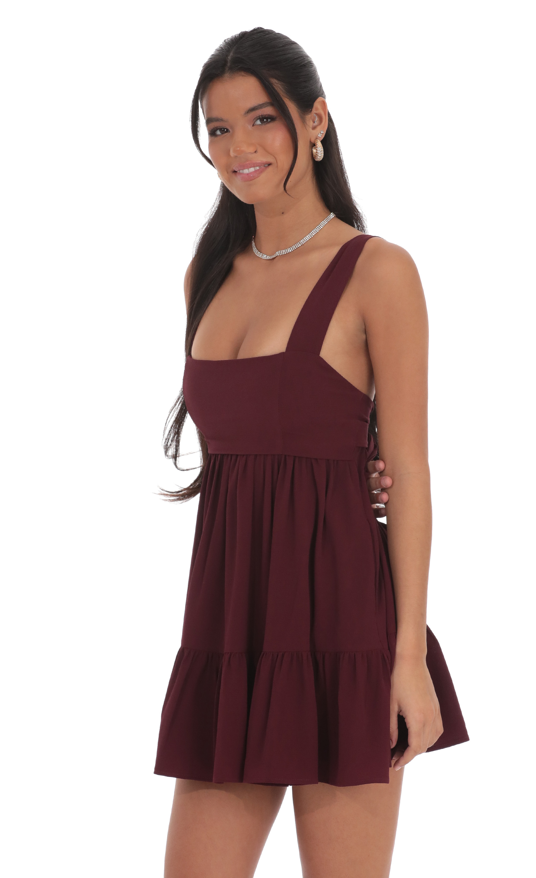 Square Neckline Babydoll Dress in Burgundy-My Sky Diva