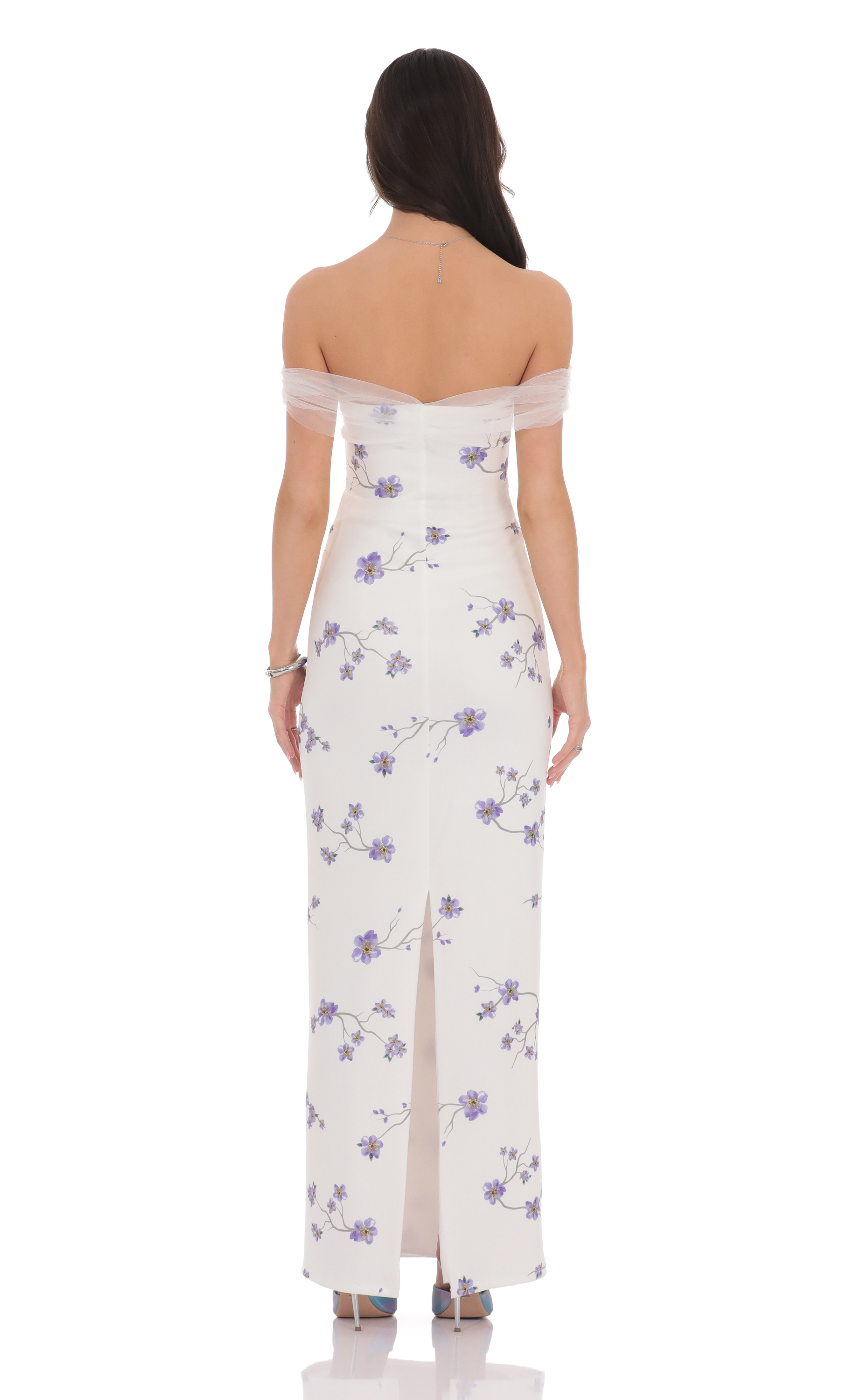 Tulle Off Shoulder Floral Maxi Dress in White-My Sky Diva