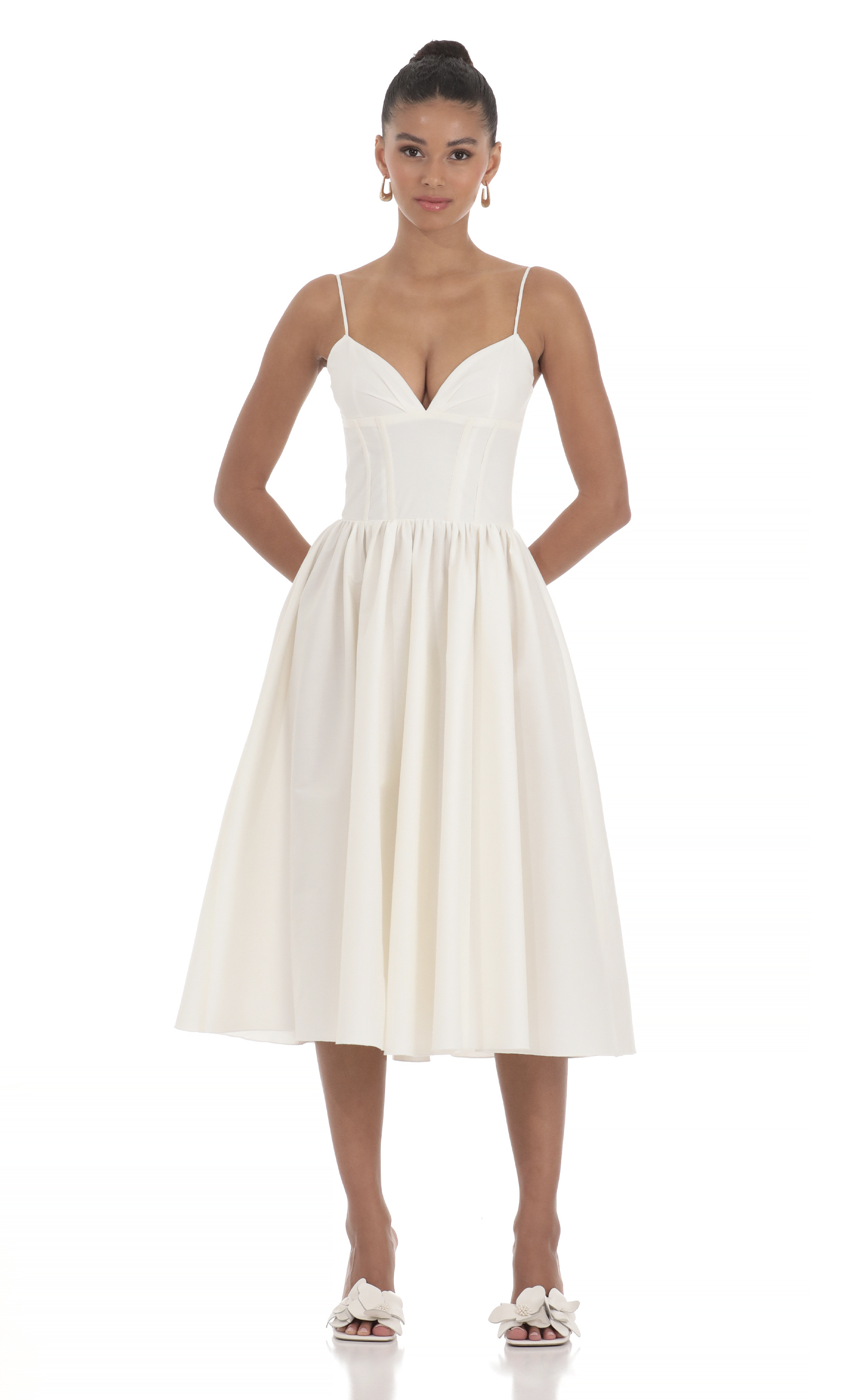 Corset V-Neck Midi Dress in Ivory-My Sky Diva