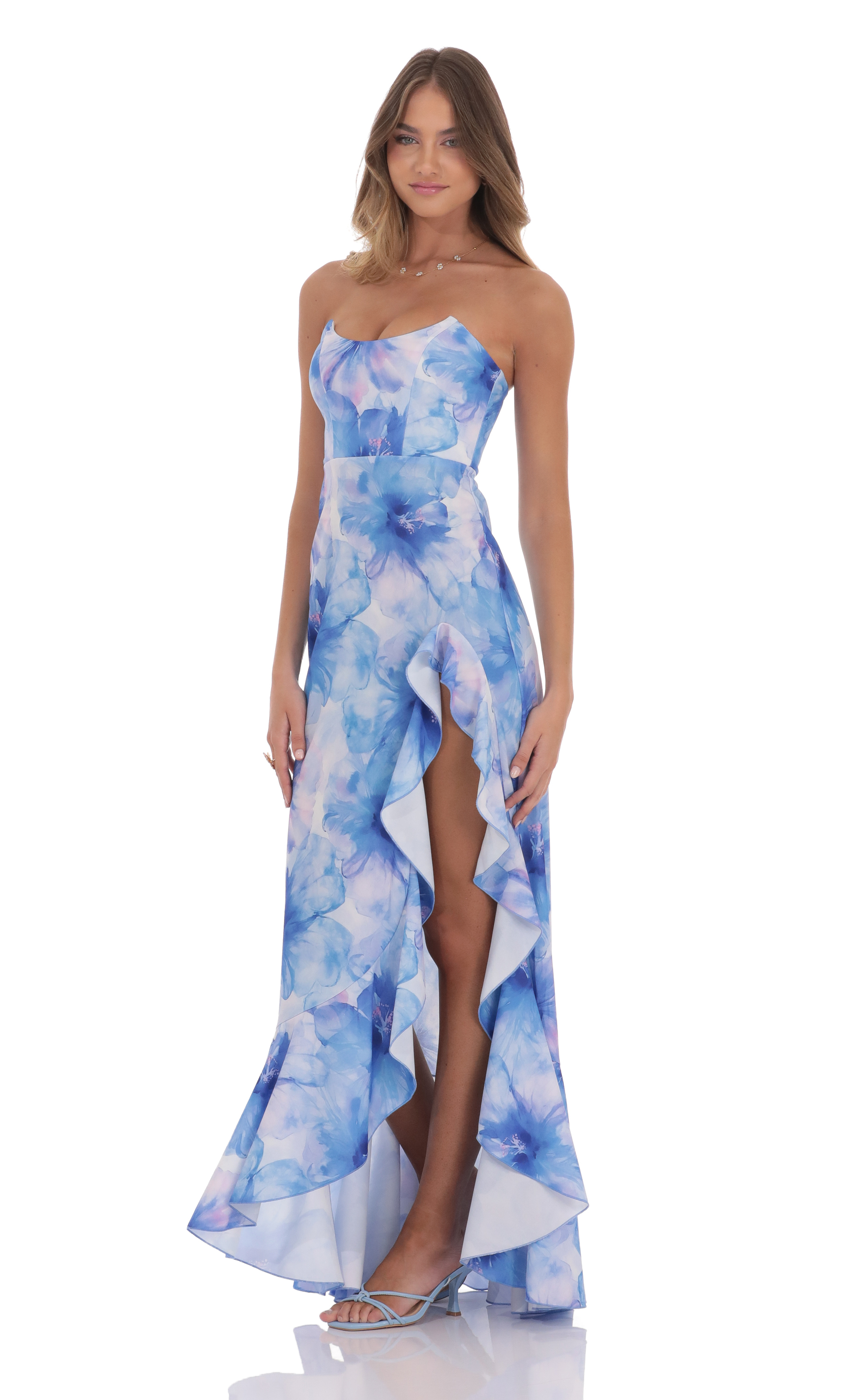 Floral Ruffle Slit Strapless Corset Maxi Dress in Blue-My Sky Diva