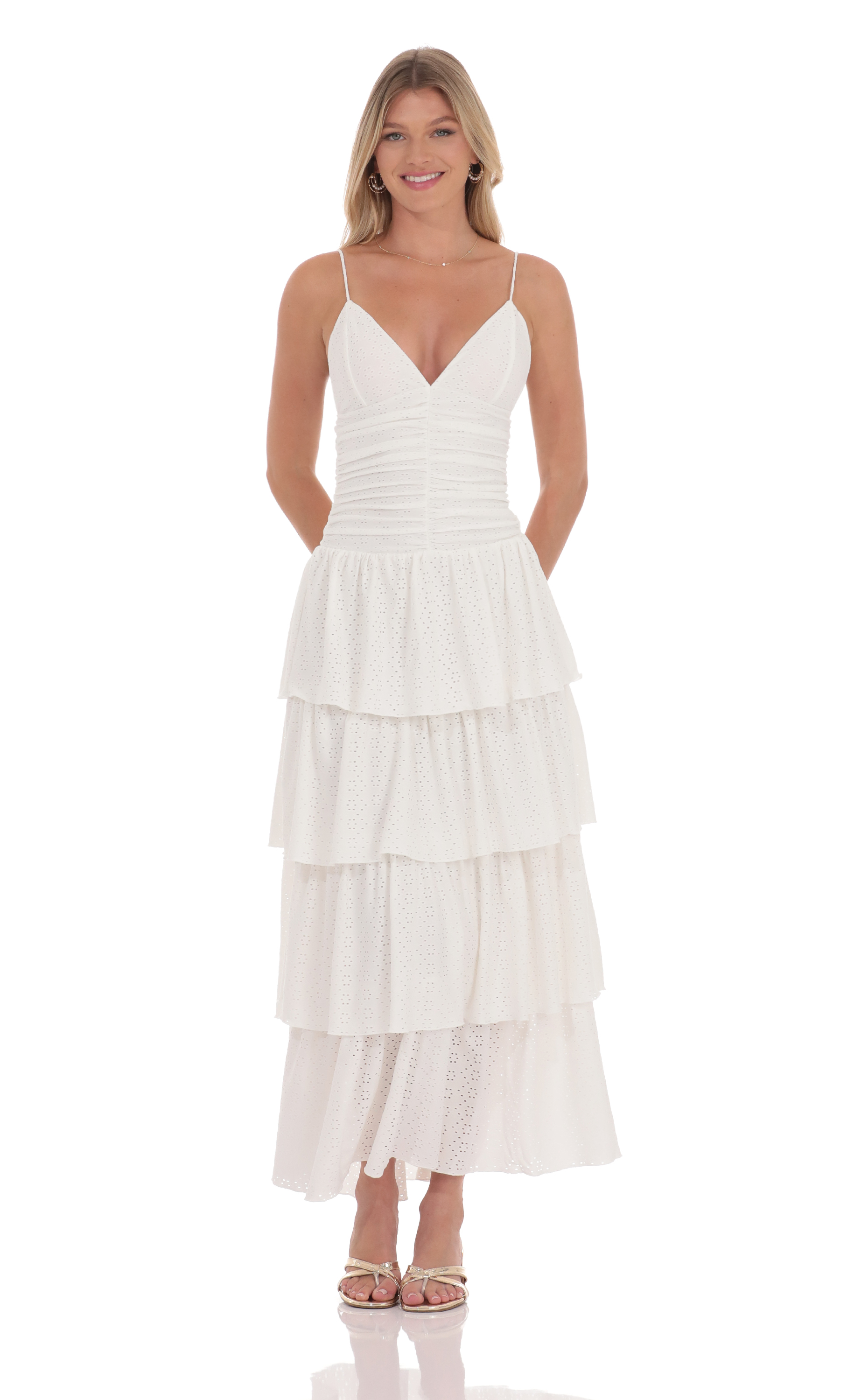 Ruched Ruffle Eyelet Maxi Dress in White-My Sky Diva