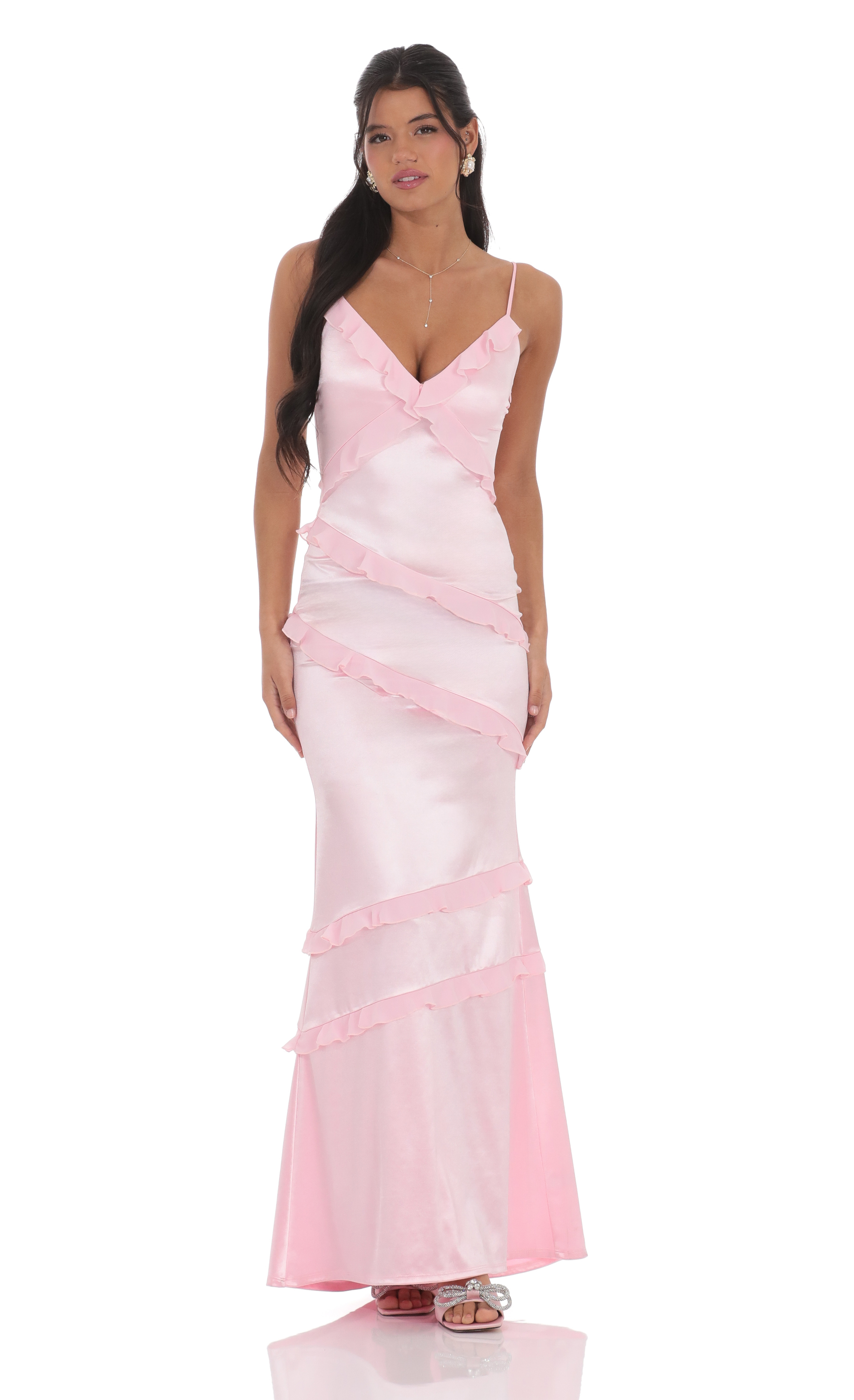 Satin V-Neck Ruffle Mermaid Maxi Dress in Pink-My Sky Diva