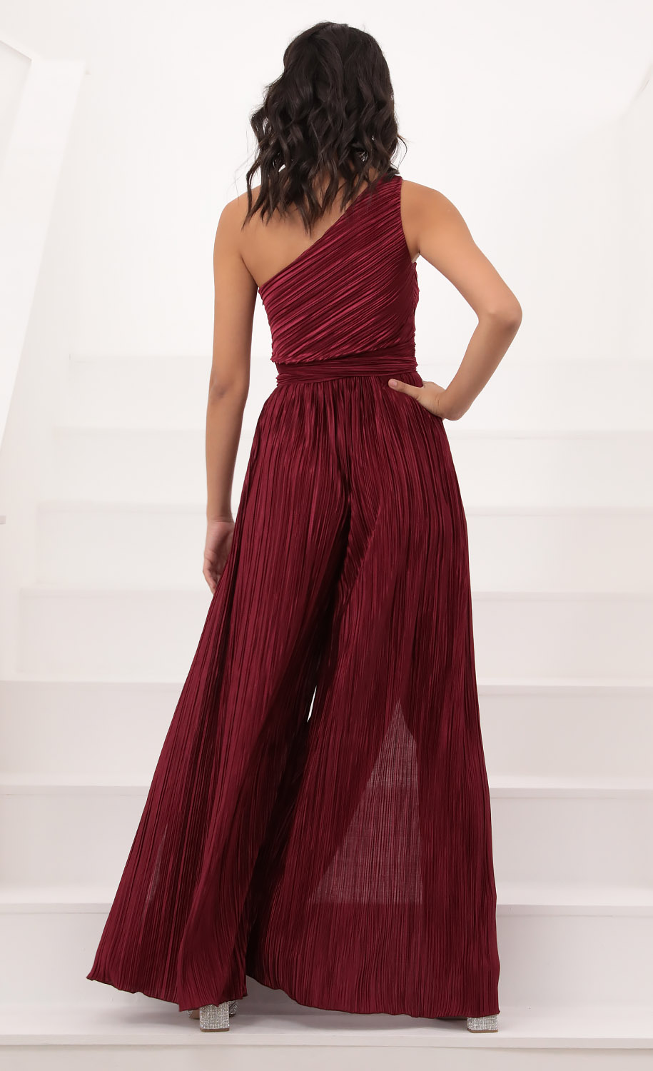 Shimmer One Shoulder Jumpsuit in Burgundy-My Sky Diva