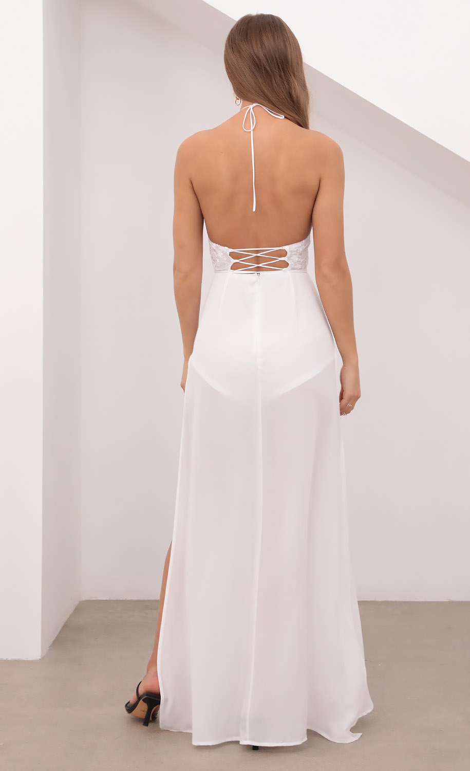 Halter Lace Dress in White-My Sky Diva