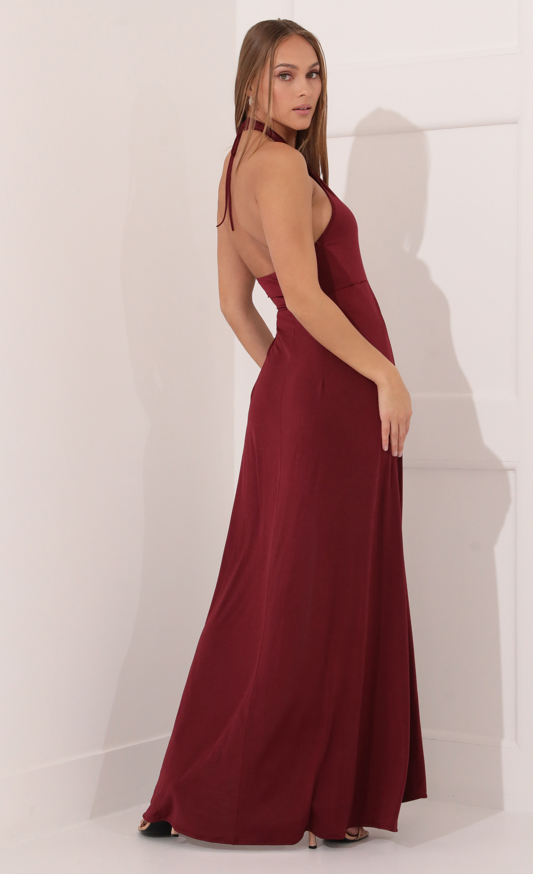 Halter Maxi Dress in Burgundy-My Sky Diva