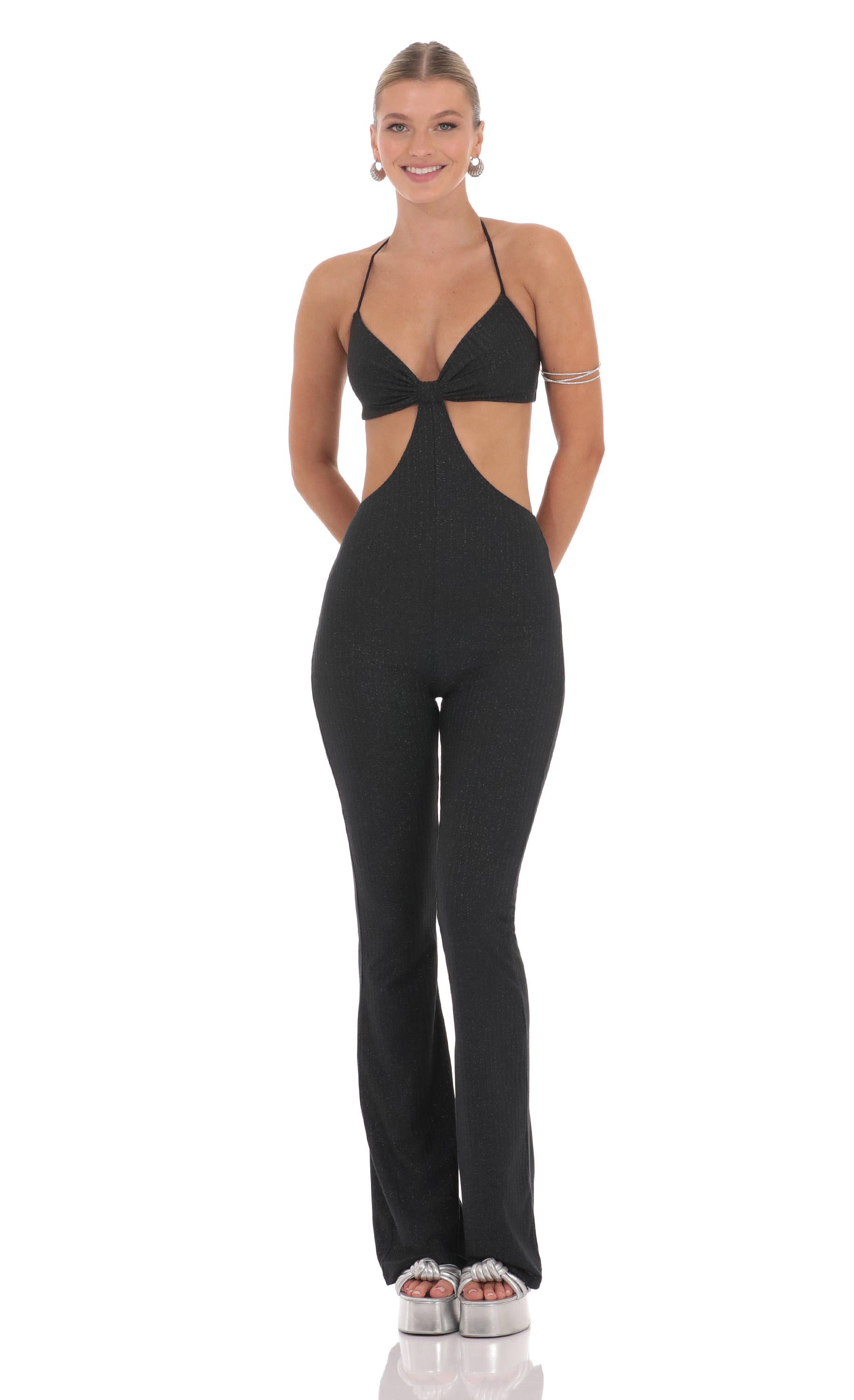 Shimmer Ribbed Cutout Jumpsuit in Black-My Sky Diva