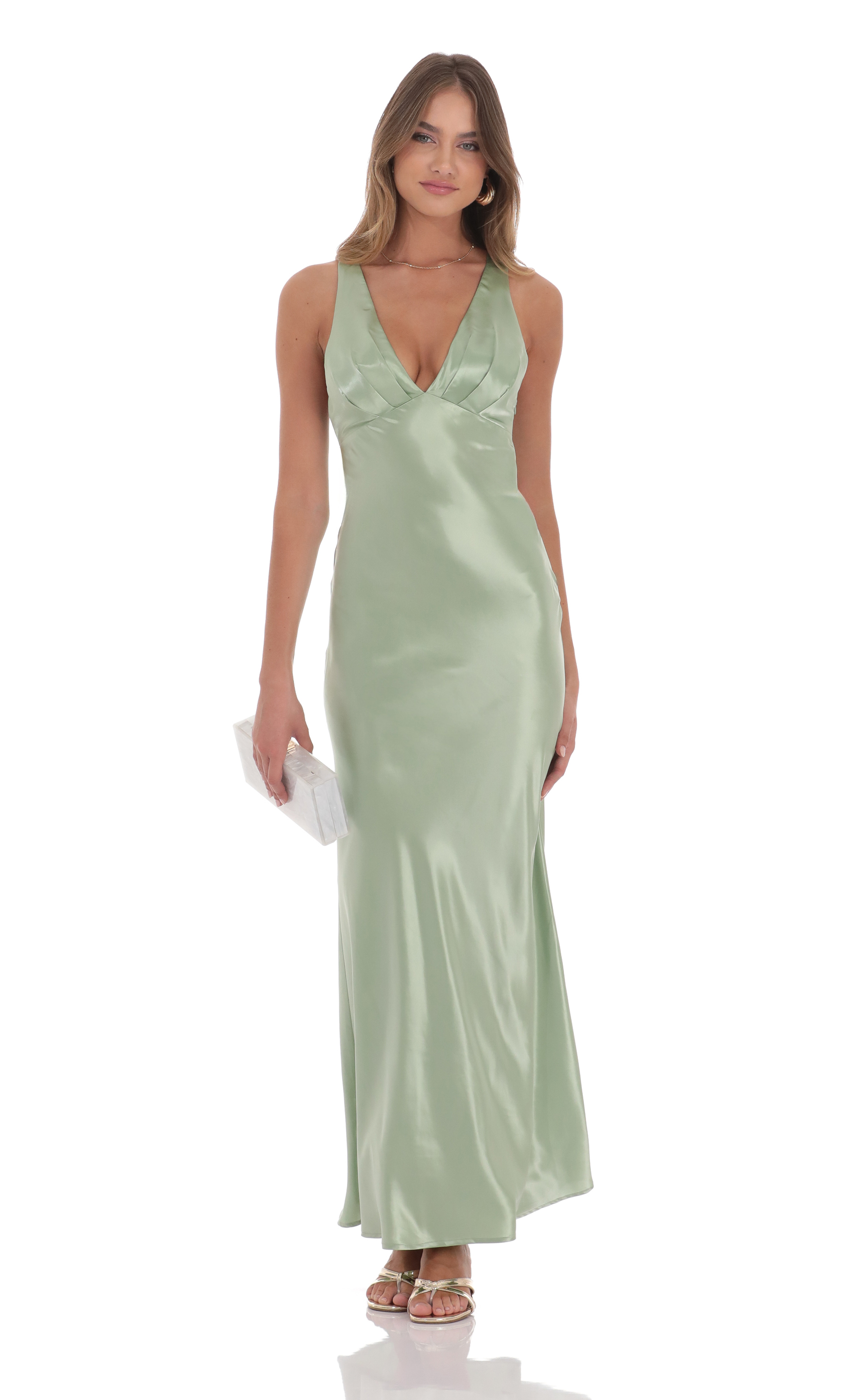 Satin V-Neck Maxi Dress in Sage-My Sky Diva
