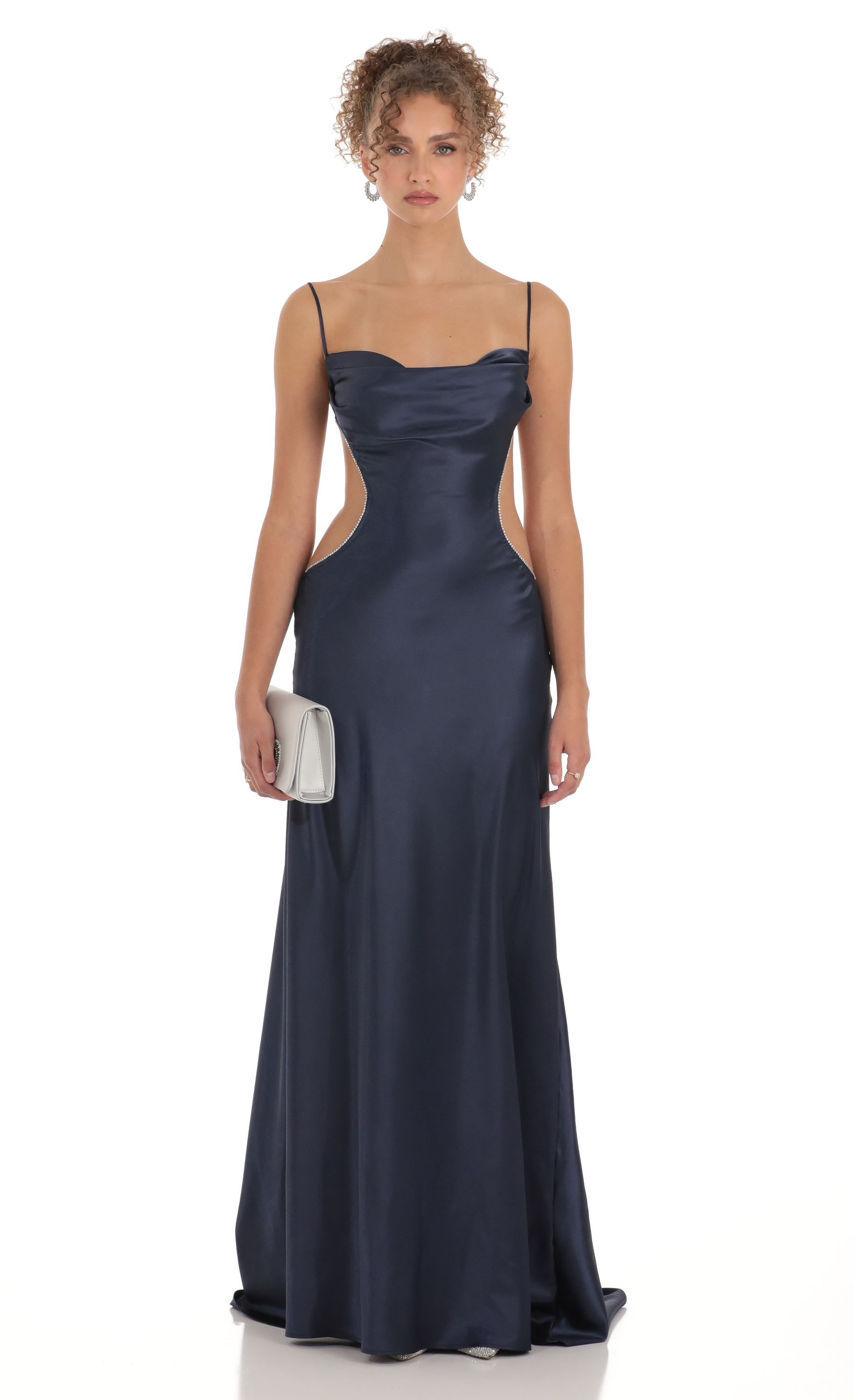 Satin Rhinestone Maxi Dress in Navy-My Sky Diva