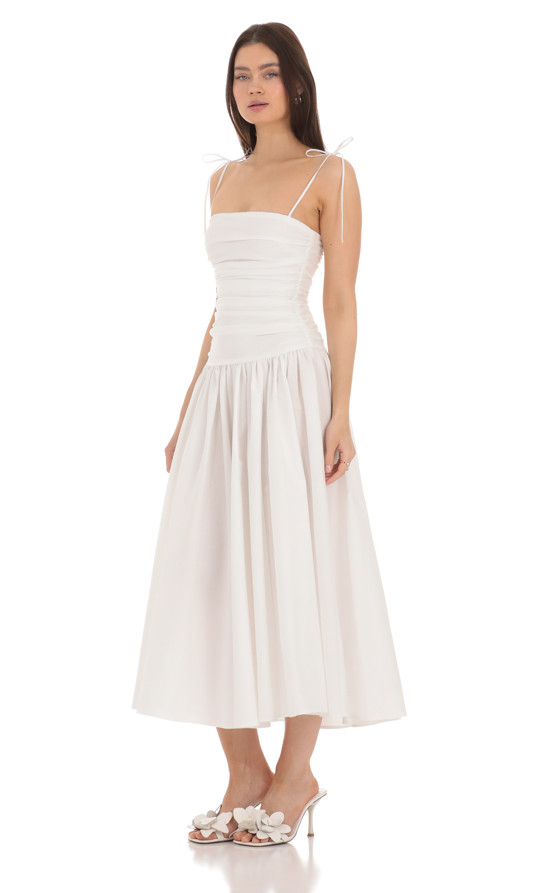 Ruched Square Neck Midi Dress in White-My Sky Diva