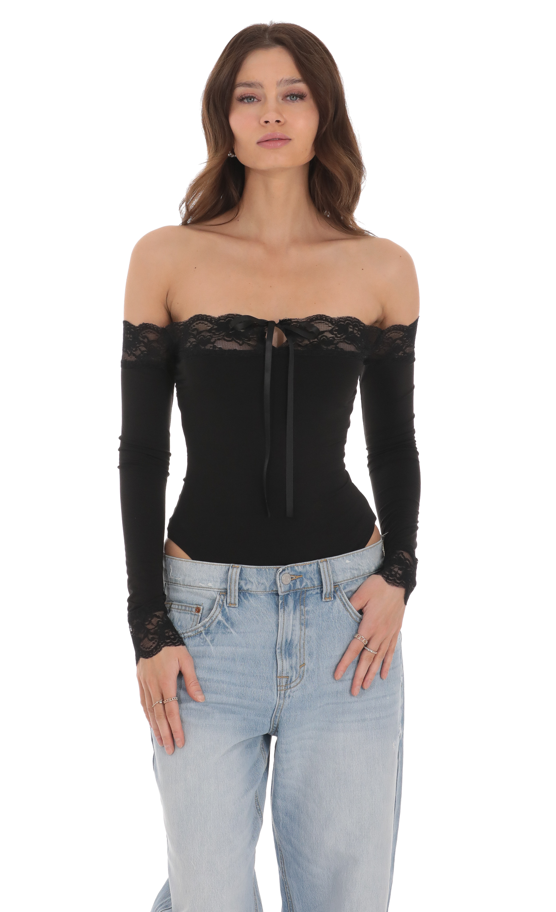 Off Shoulder Lace Bodysuit in Black-My Sky Diva