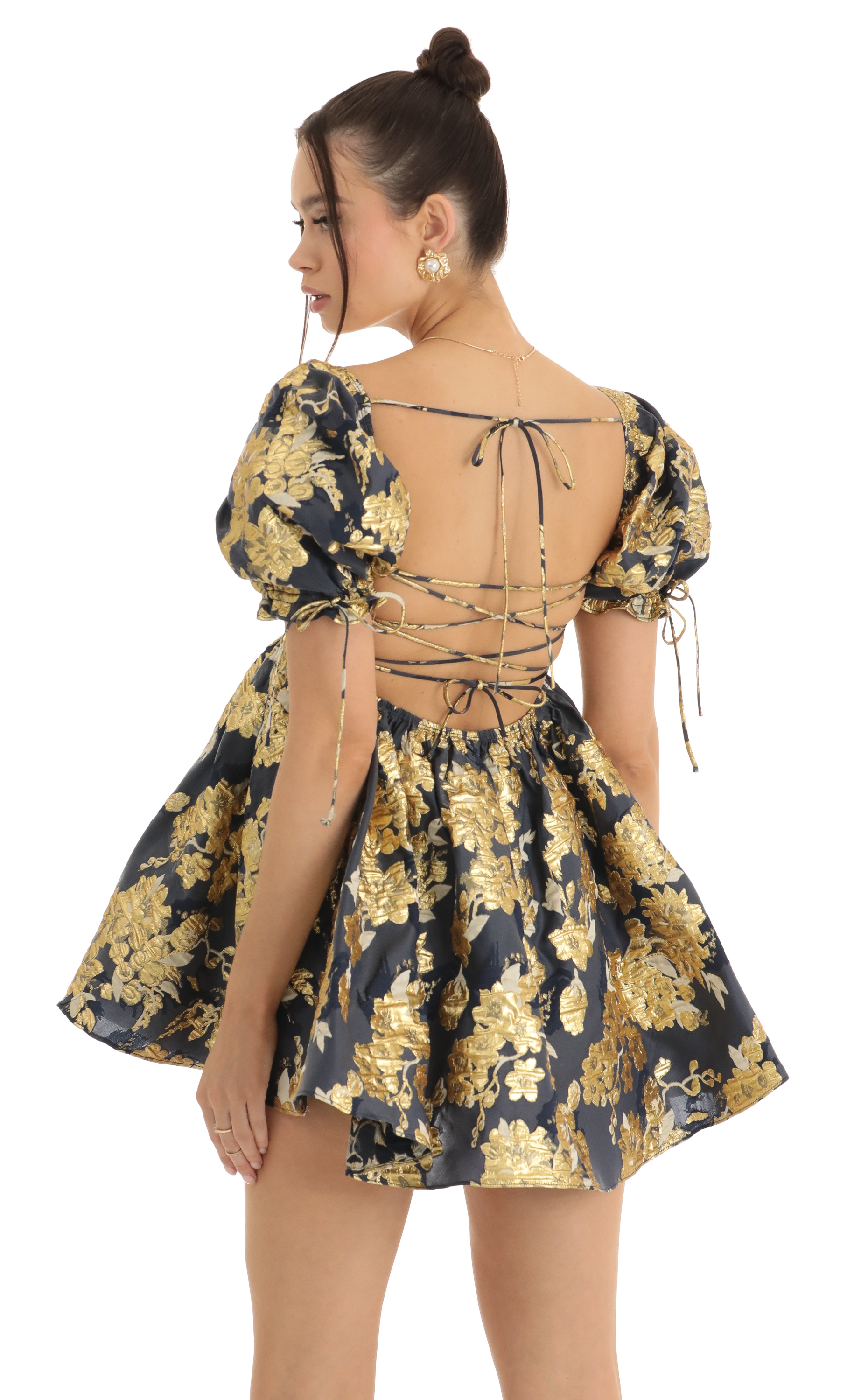 Cheri Gold Floral Jacquard Baby Dolly Dress in Navy-My Sky Diva