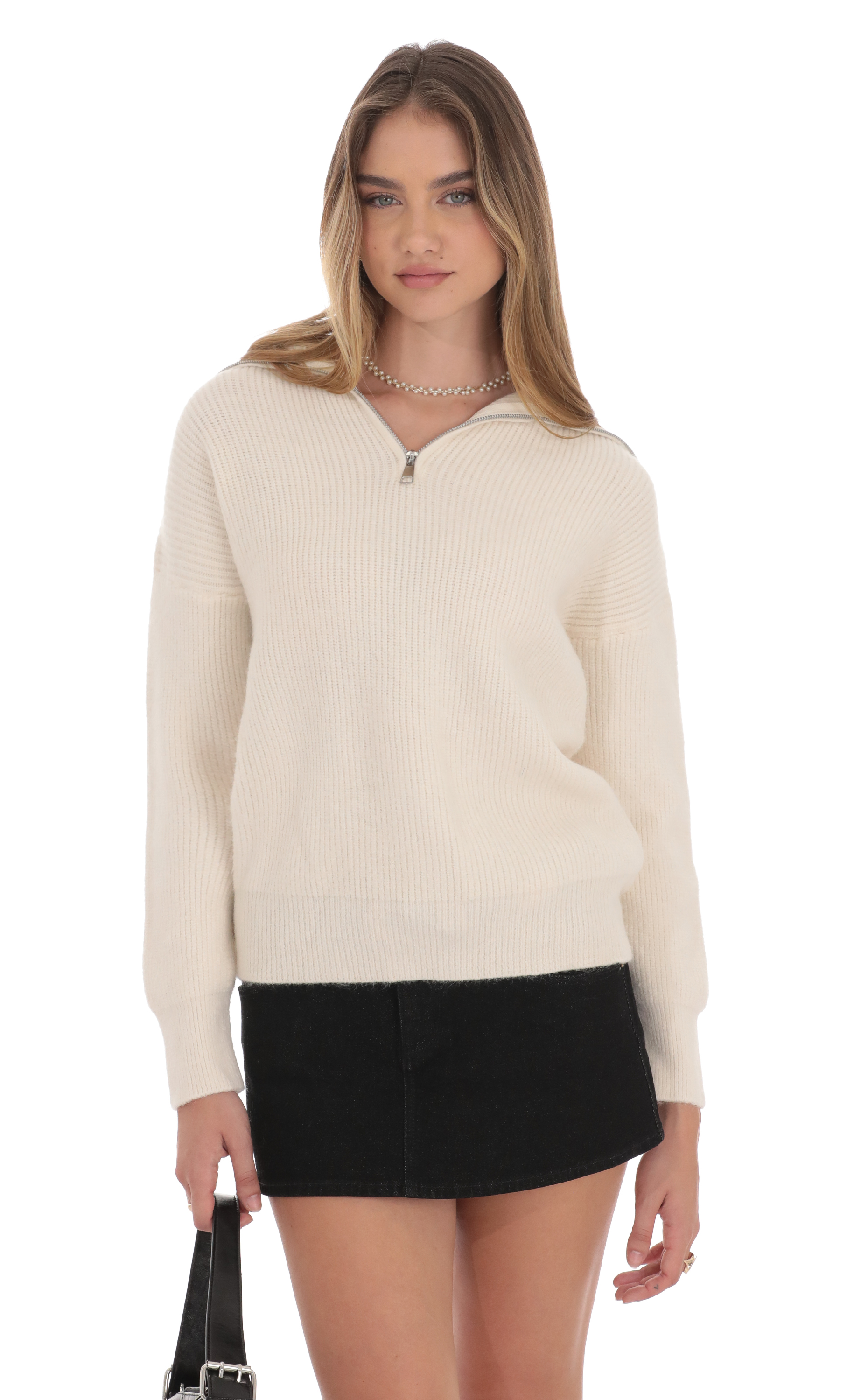 Quarter Zip Knit Jumper in Cream-My Sky Diva
