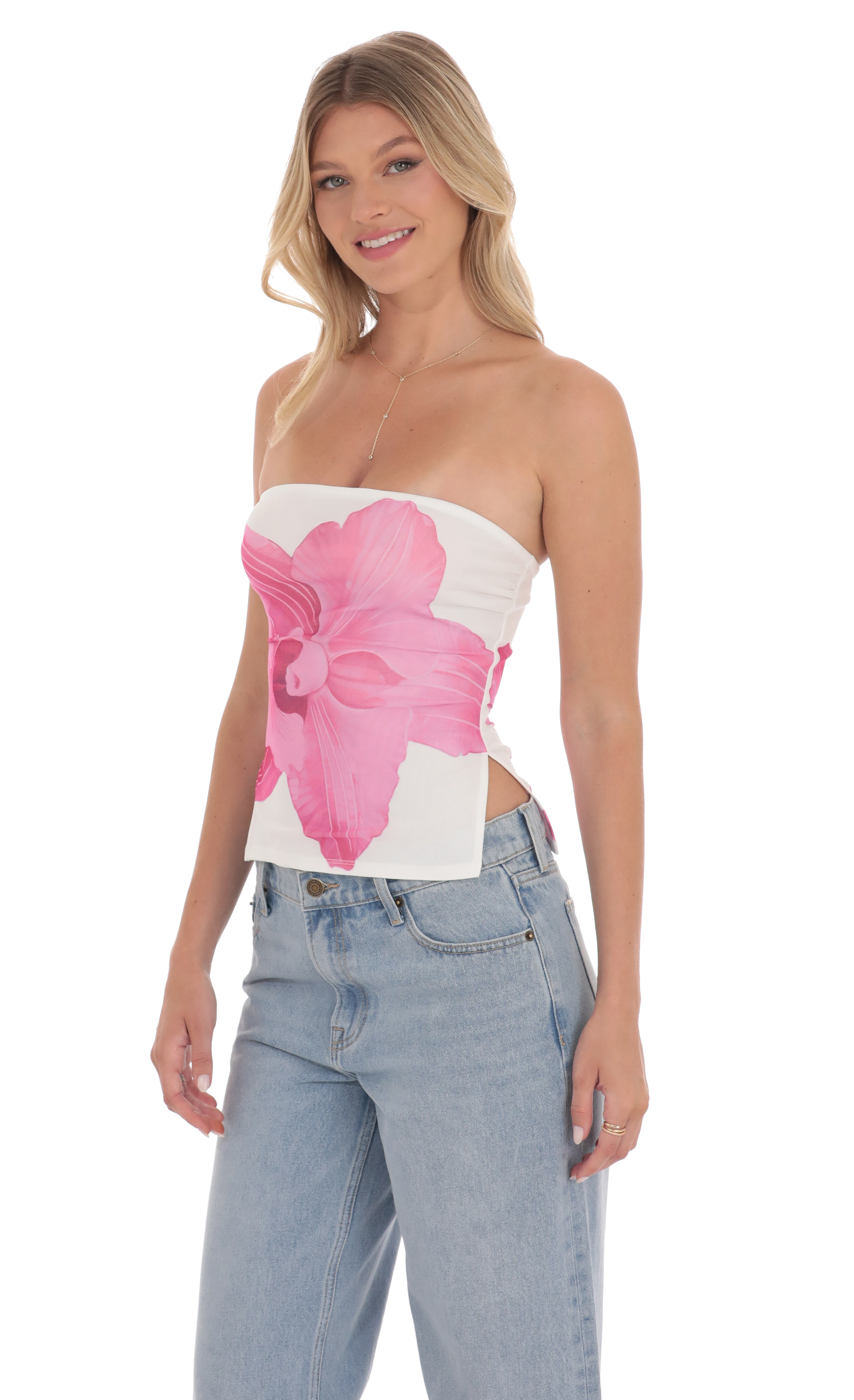 Mesh Floral Slit Top in White-My Sky Diva