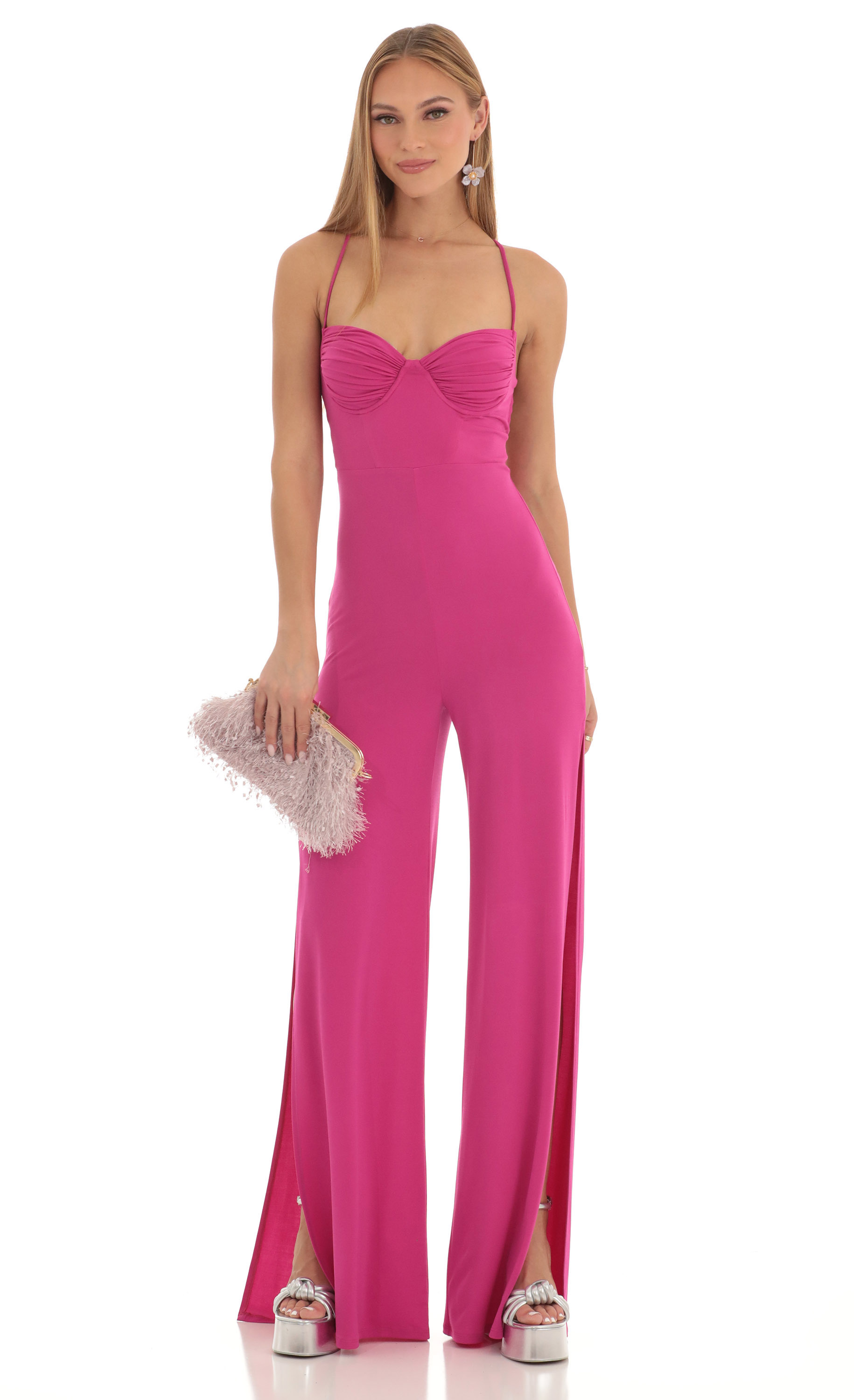 Ruched Sweetheart Bust Slit Jumpsuit in Fuchsia-My Sky Diva