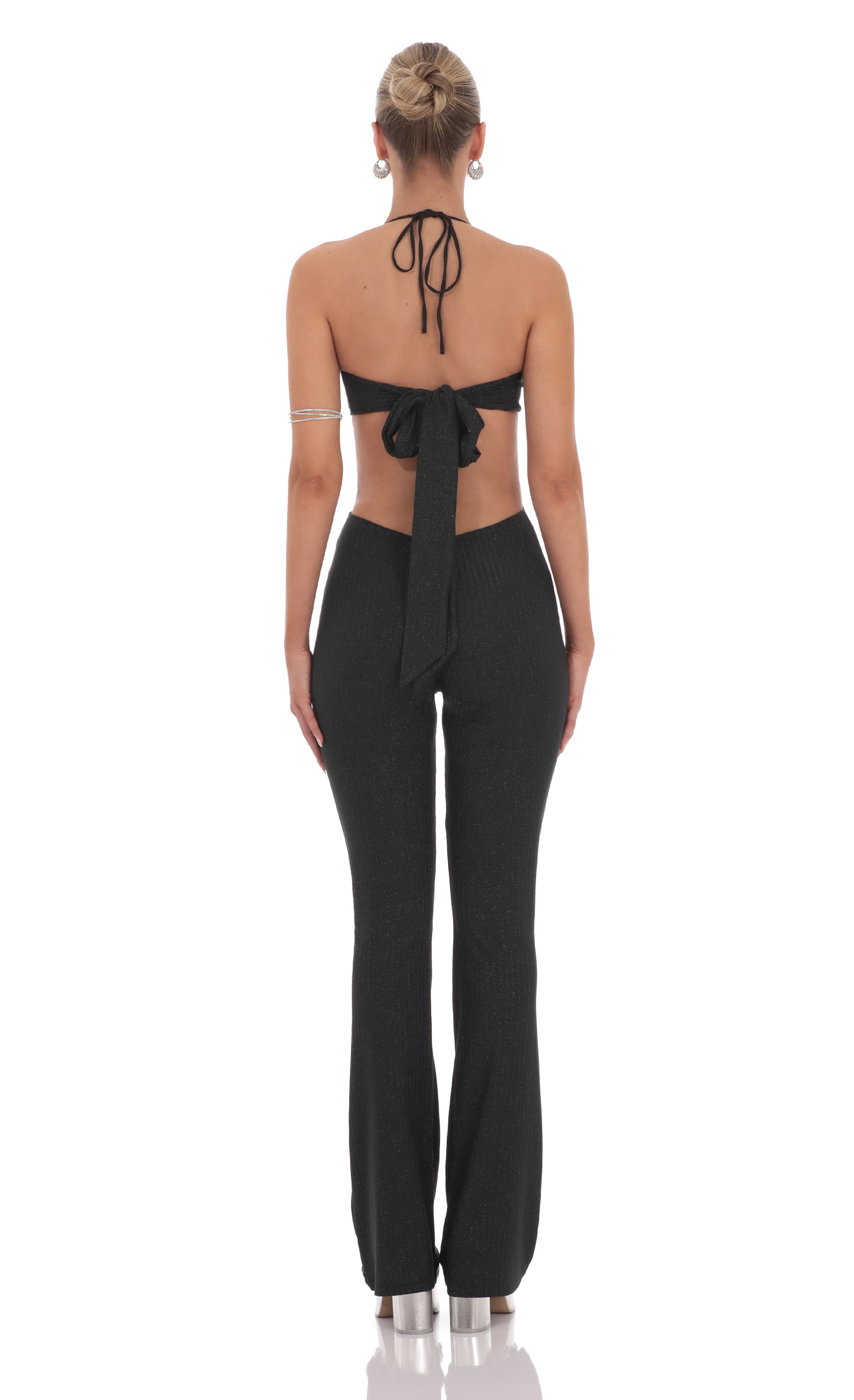 Shimmer Ribbed Cutout Jumpsuit in Black-My Sky Diva