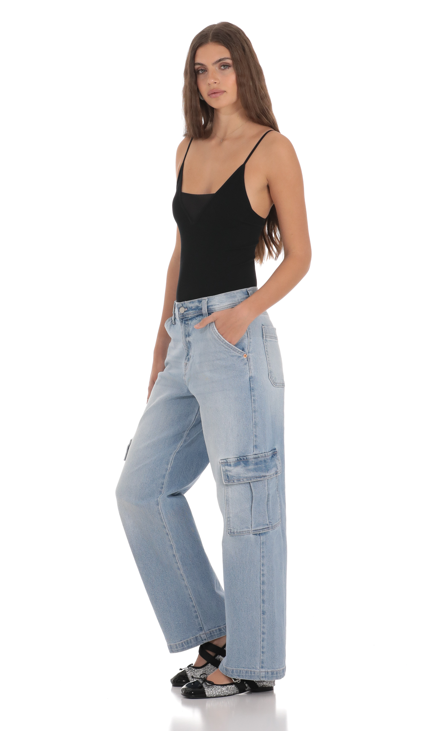 Cargo Wide Leg Jeans in Faded Denim-My Sky Diva