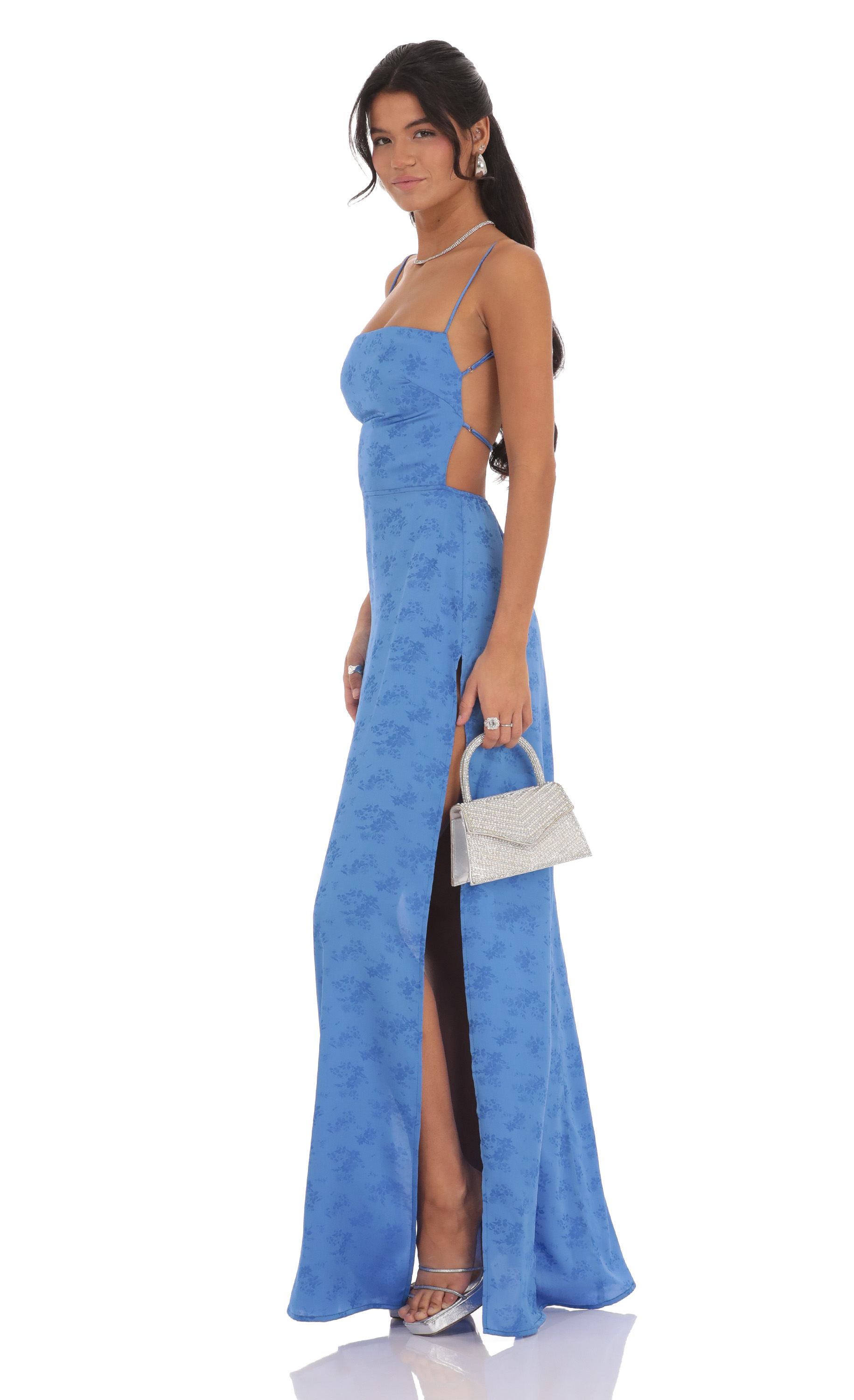 Satin Floral Maxi Dress in Blue-My Sky Diva