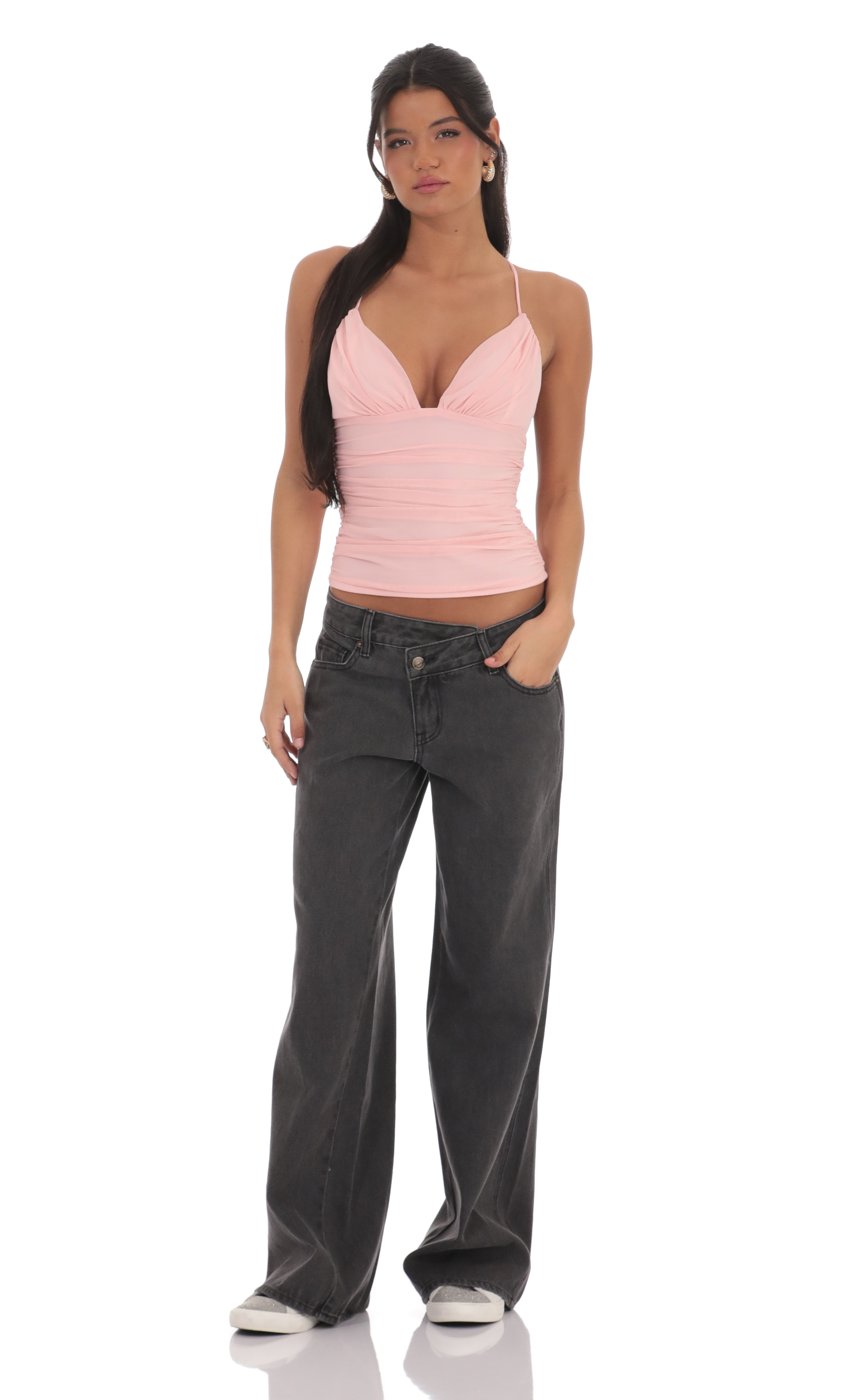 Mesh V-Neck Top in Pink-My Sky Diva
