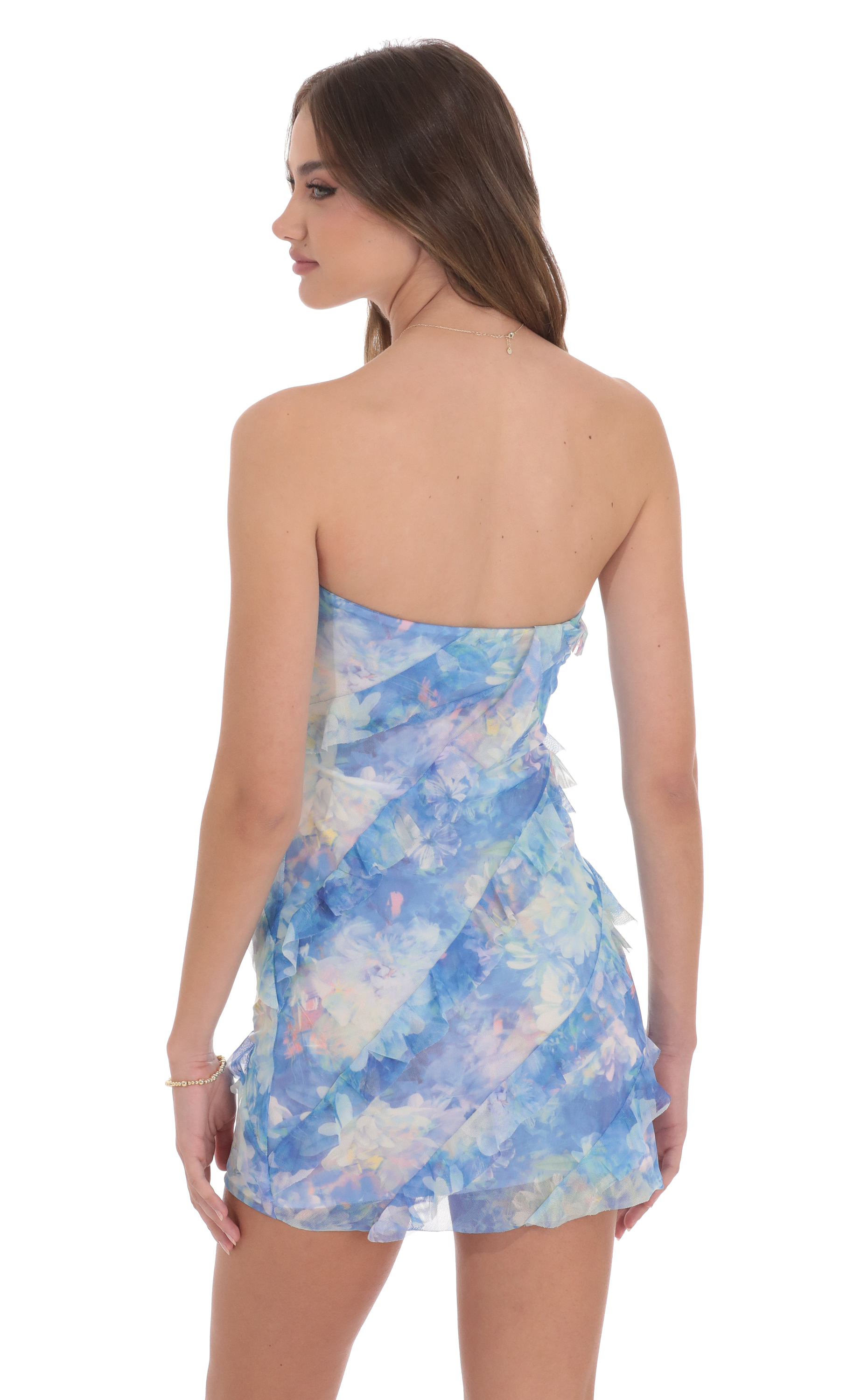 Mesh Floral Strapless Ruffle Dress in Blue-My Sky Diva