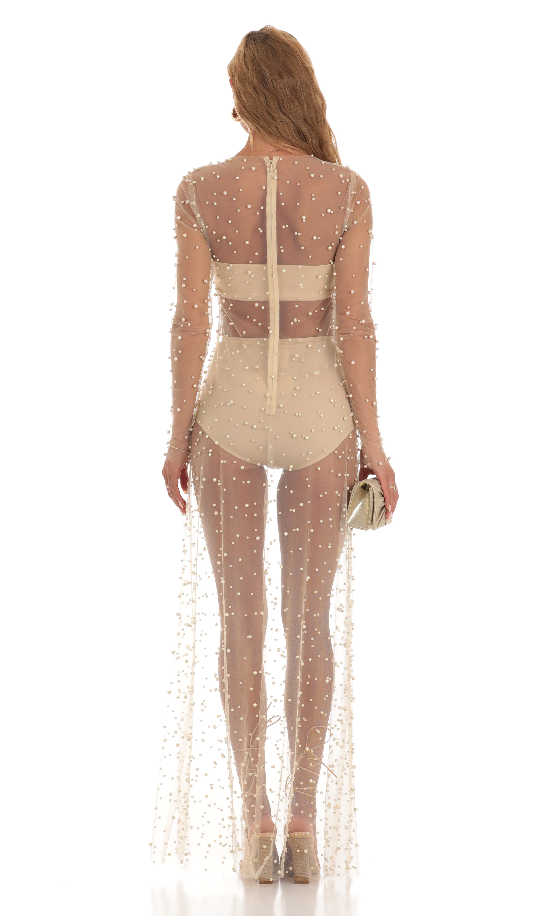 Pearl Mesh Dress in Beige-My Sky Diva