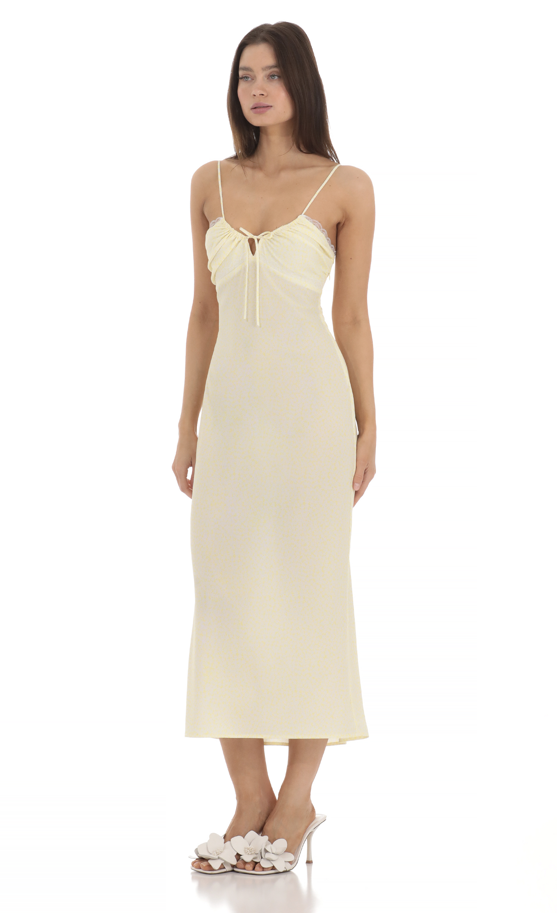 Lace Trim Front Tie Midi Dress in Yellow-My Sky Diva