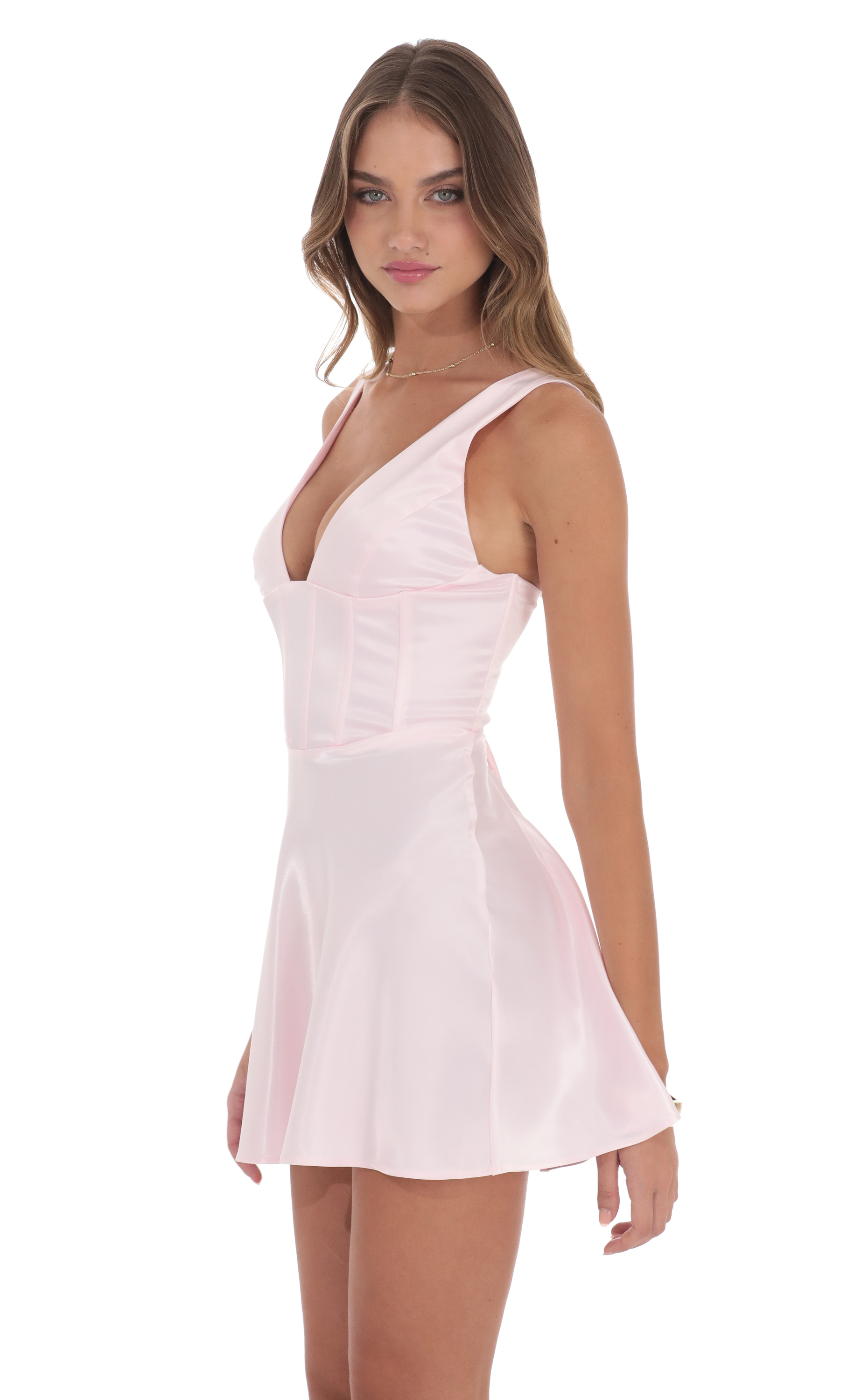 Satin V-Neck Corset Dress in Pink-My Sky Diva
