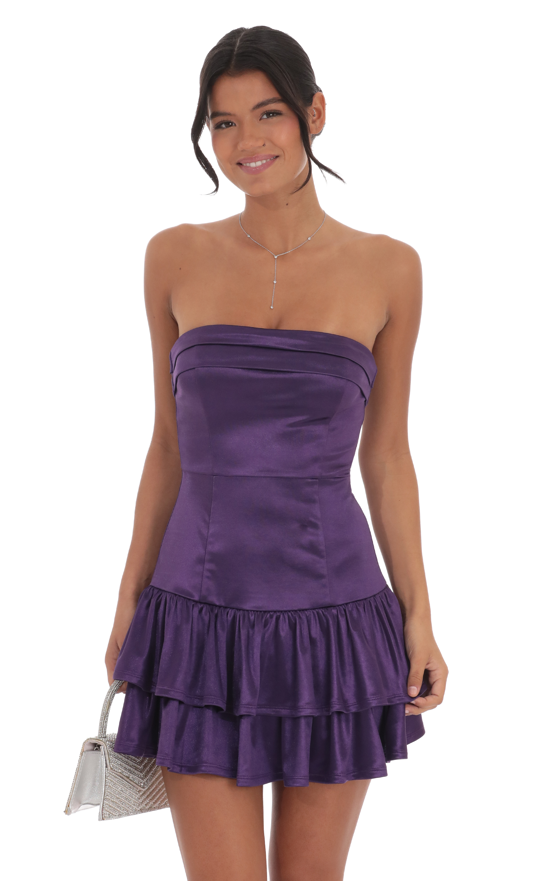Satin Strapless Ruffle Dress in Purple-My Sky Diva
