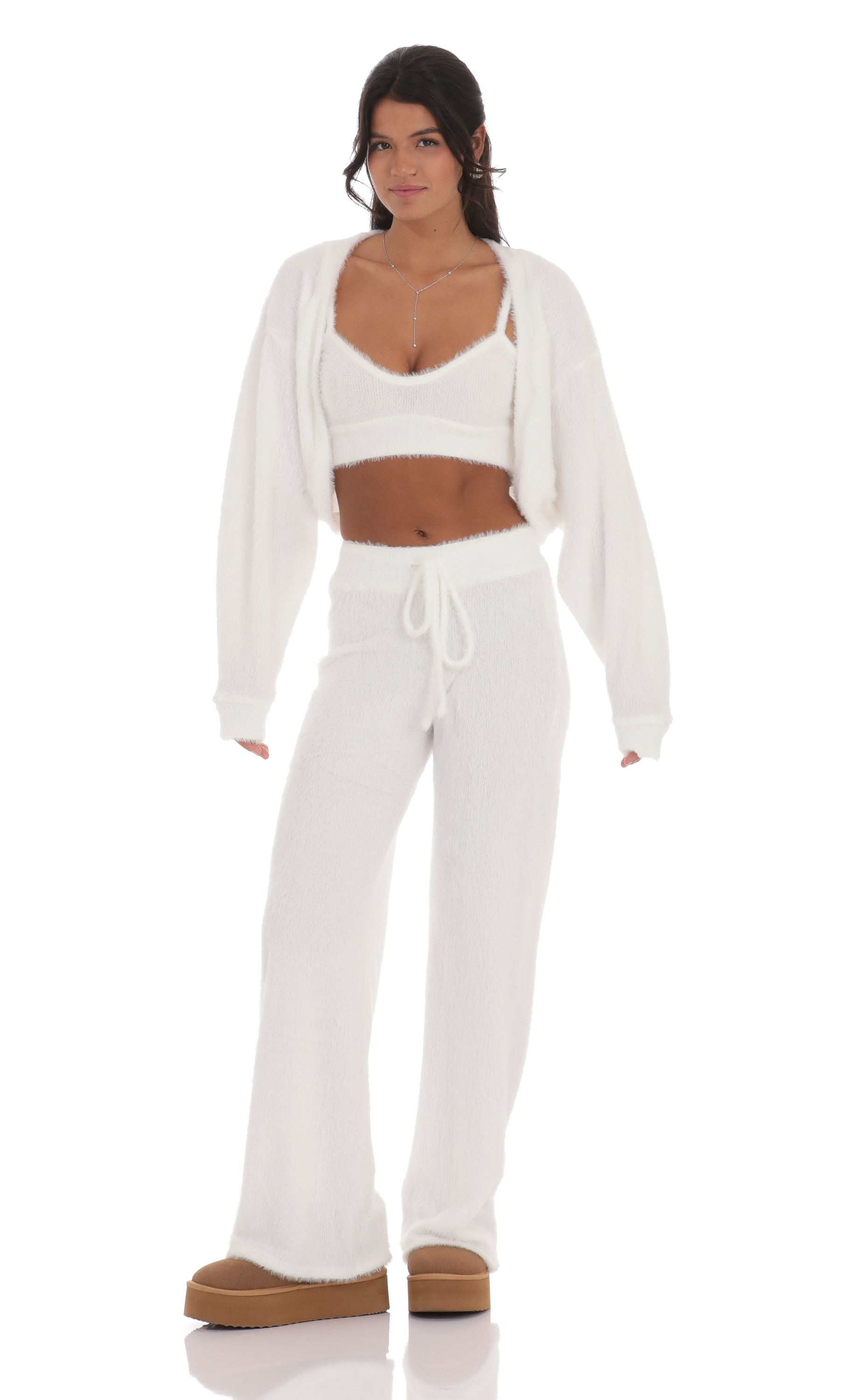 Open Fuzzy Cardigan in White-My Sky Diva