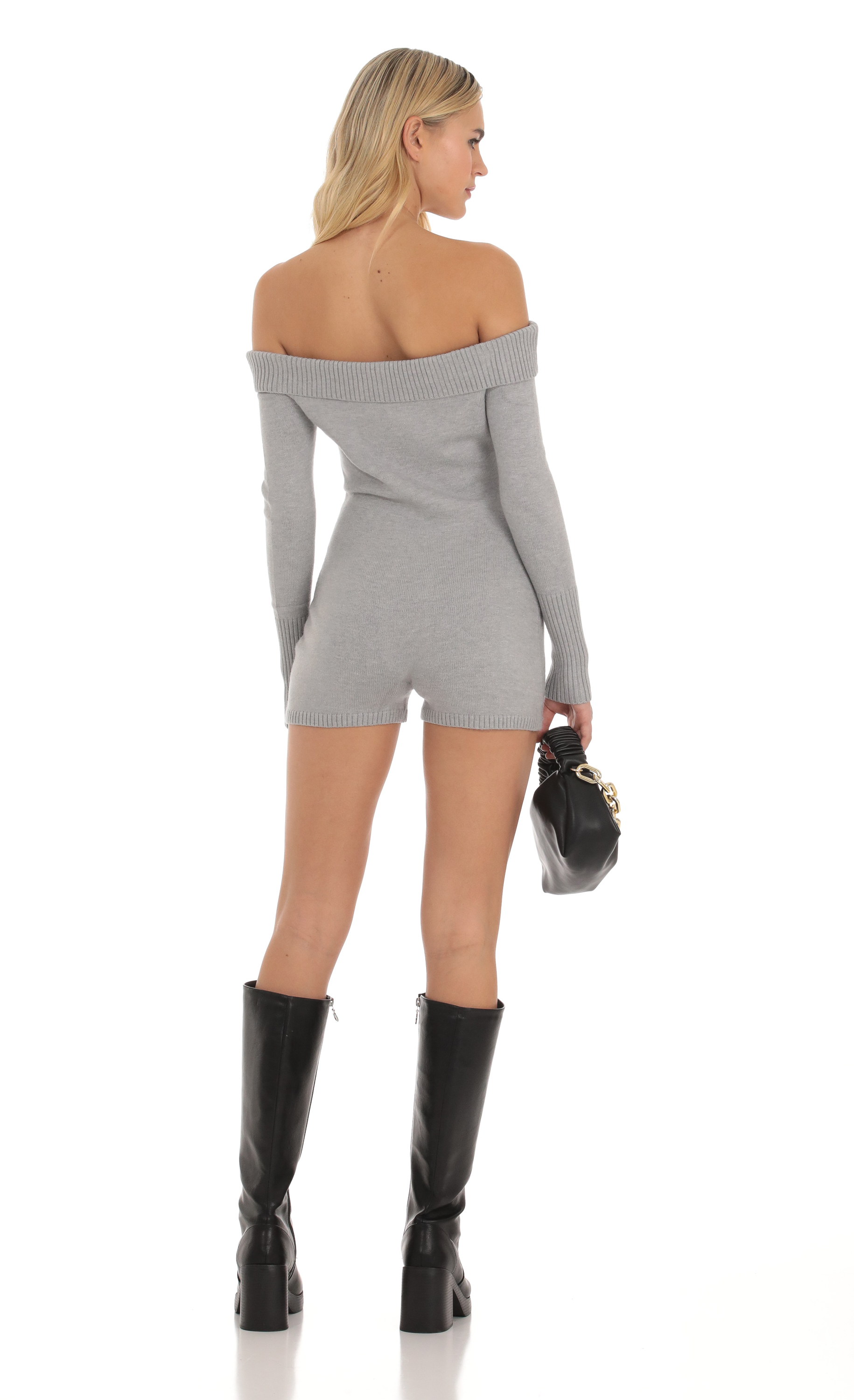 Knit Off Shoulder Romper in Grey-My Sky Diva
