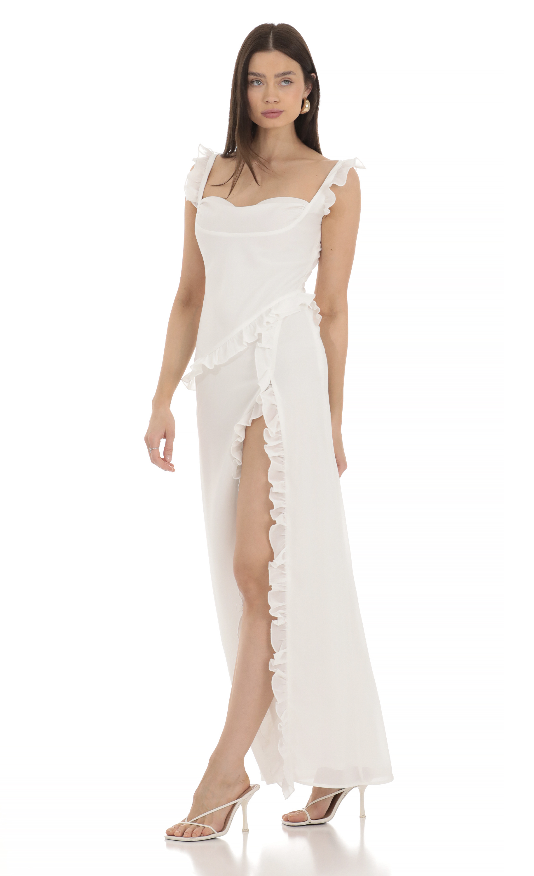 Chiffon Ruffle Dress in White-My Sky Diva