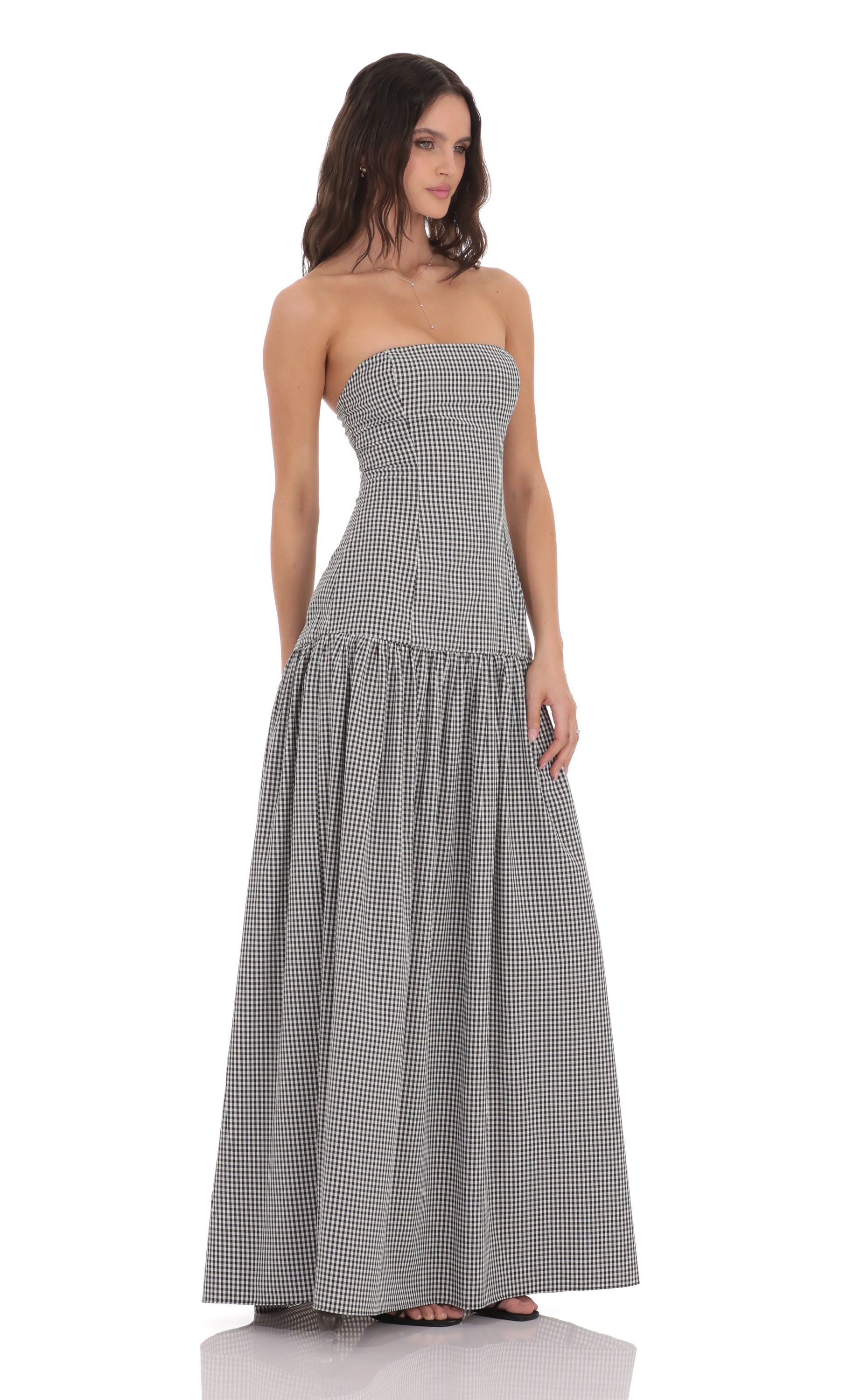 Gingham Strapless Drop Waist Maxi Dress in Black-My Sky Diva