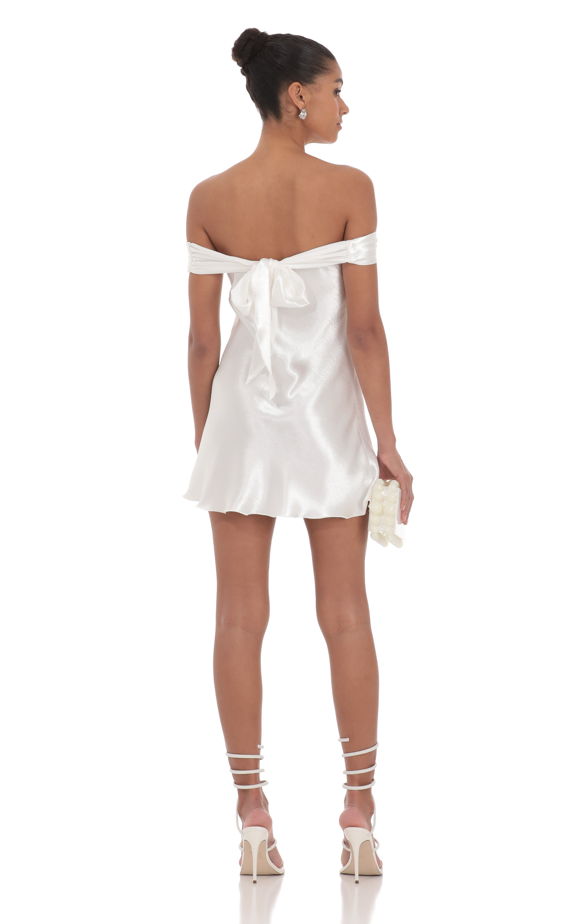 Satin Off Shoulder Dress in White-My Sky Diva