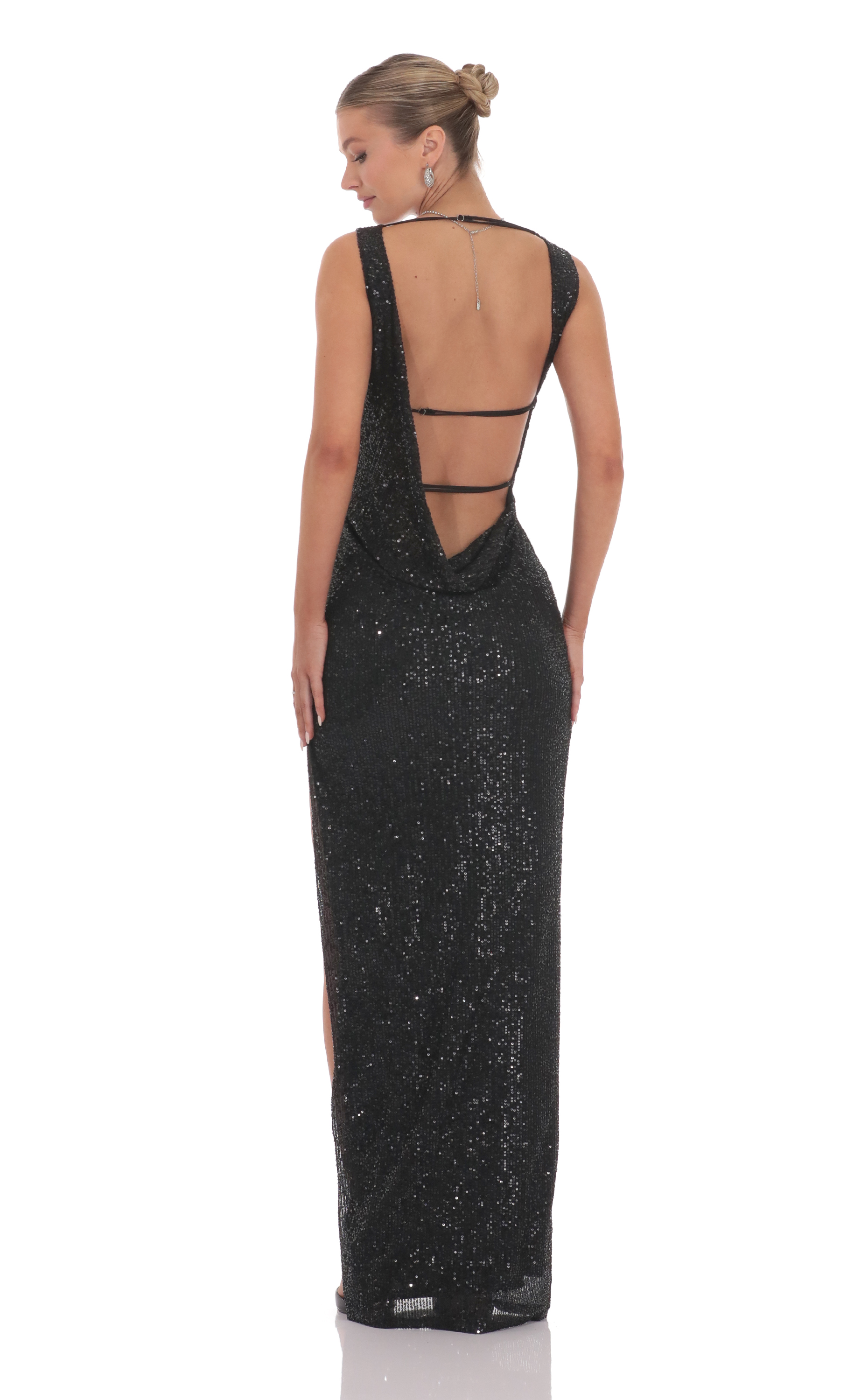 Sequin High Neck Open Back Maxi Dress in Black-My Sky Diva