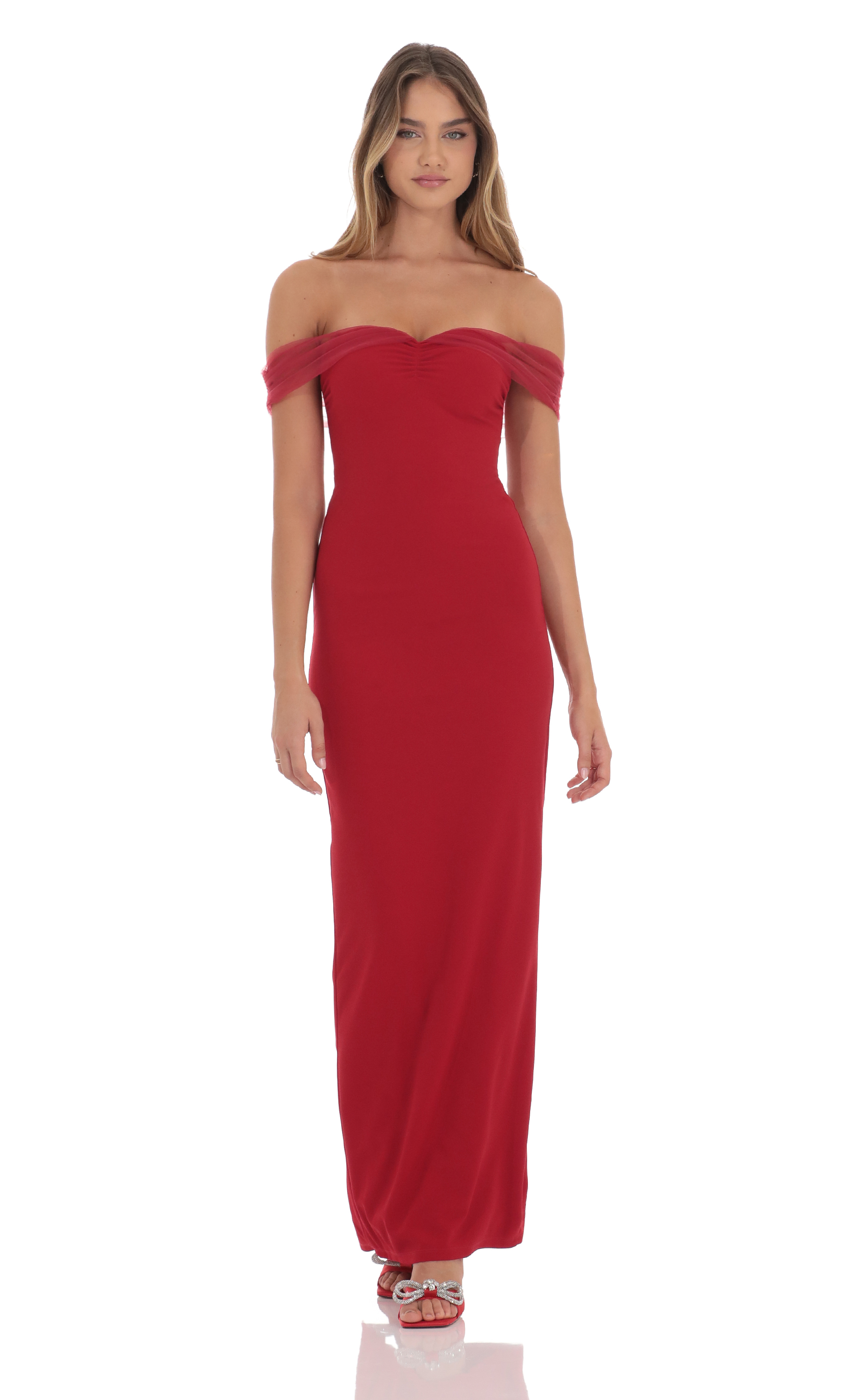 Tulle Off Shoulder Sleeve Maxi Dress in Red-My Sky Diva